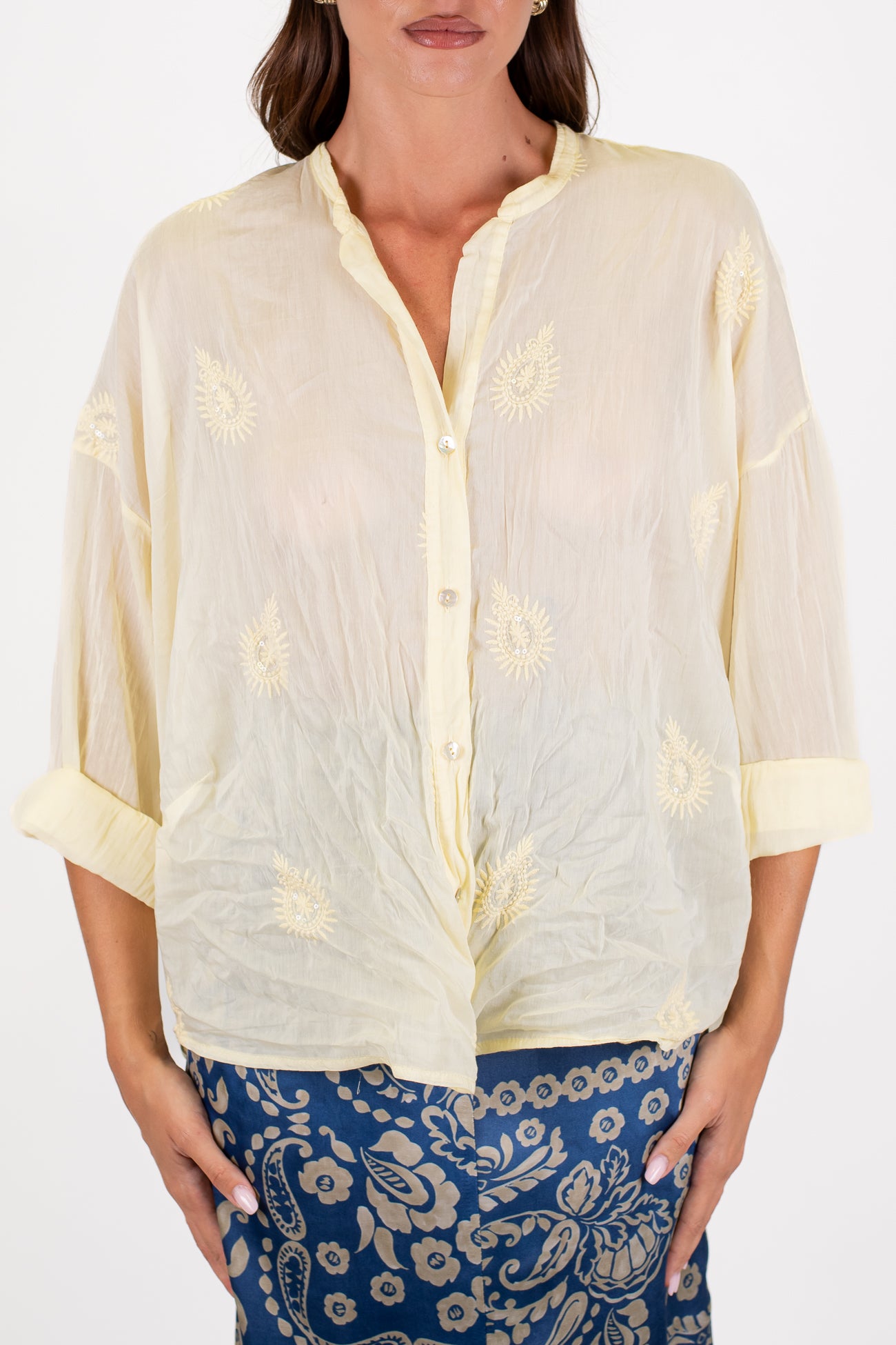 Motel - Camicia in misto mussola di cotone e seta con ricami e micropaillettes