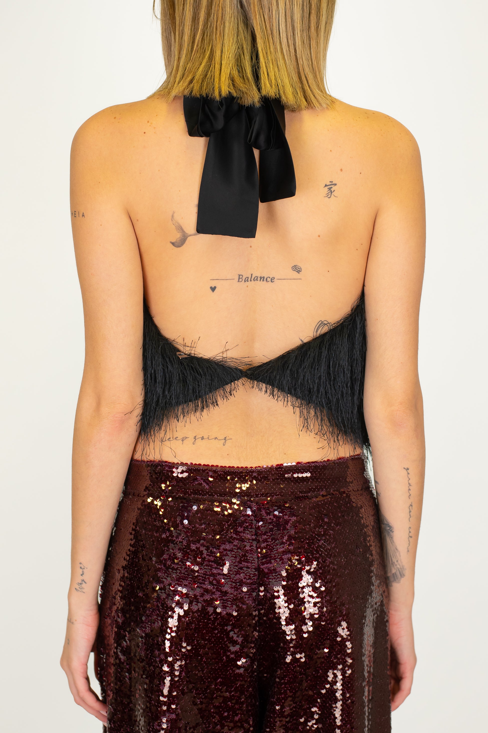 Dixie - Top scollo all'americana con frange e scollatura sul retro