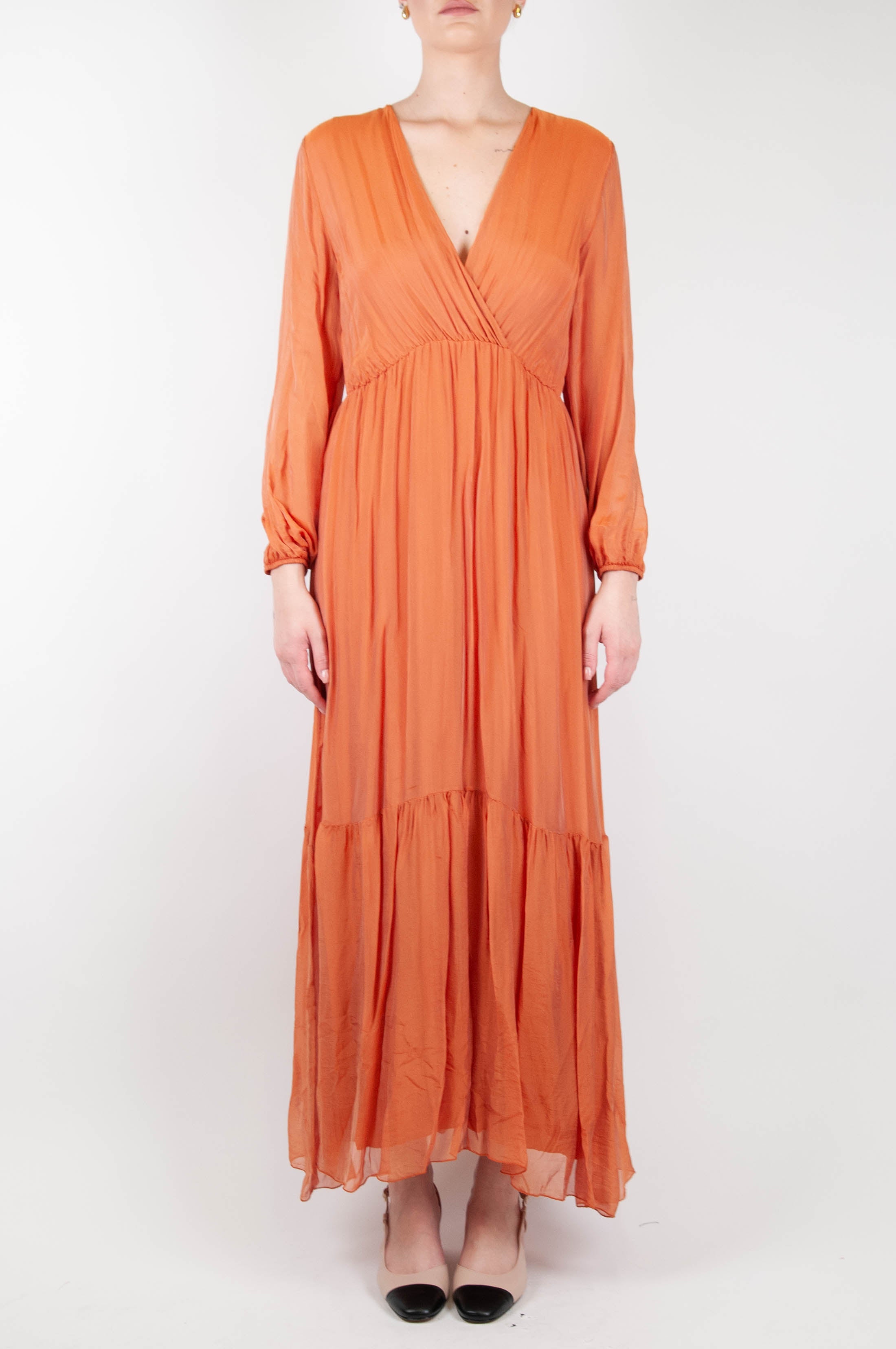 Dixie - Abito lungo in misto seta e viscosa con scollo a V e balze