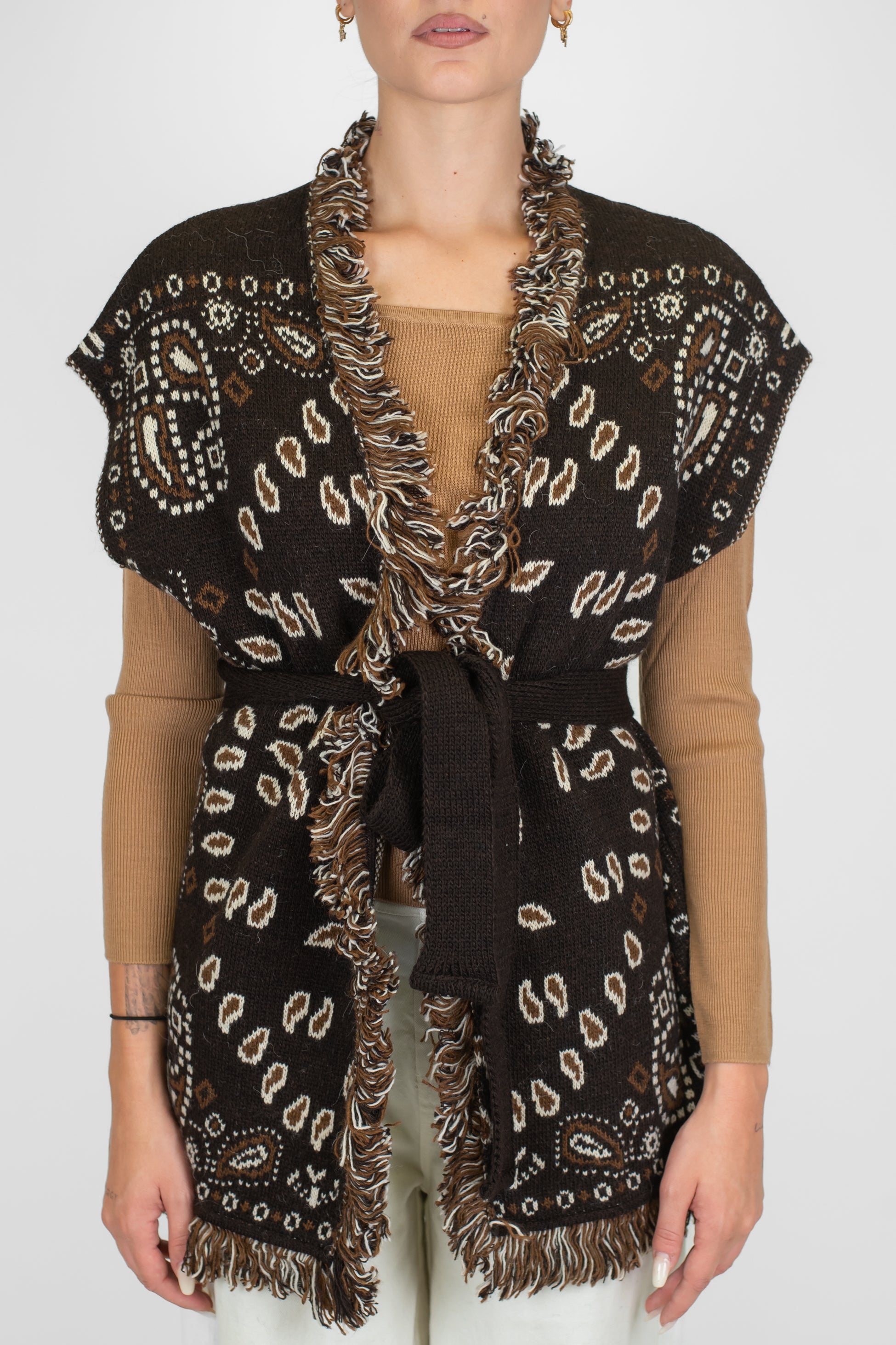 Tensione in - Cardigan giromaniche fantasia in misto lana con frange e cintura in tessuto