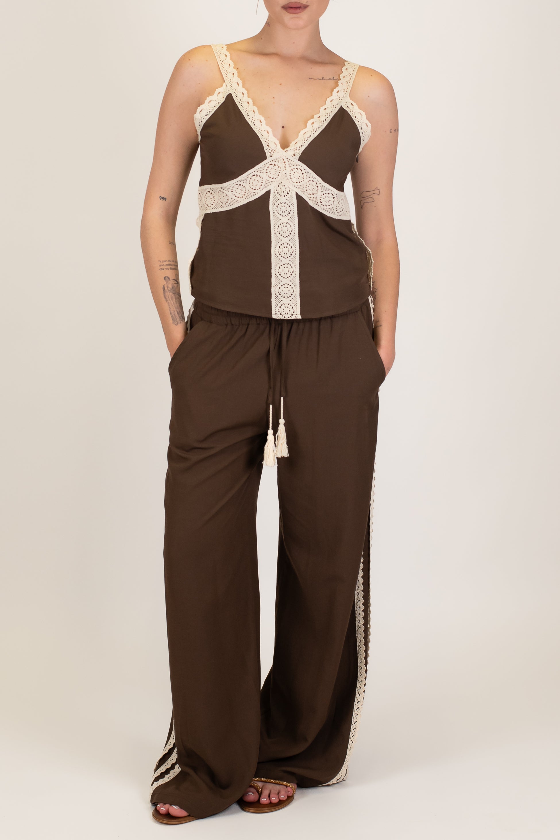 Motel - Pantalone palazzo in misto viscosa e lino con coulisse e profilo in crochet