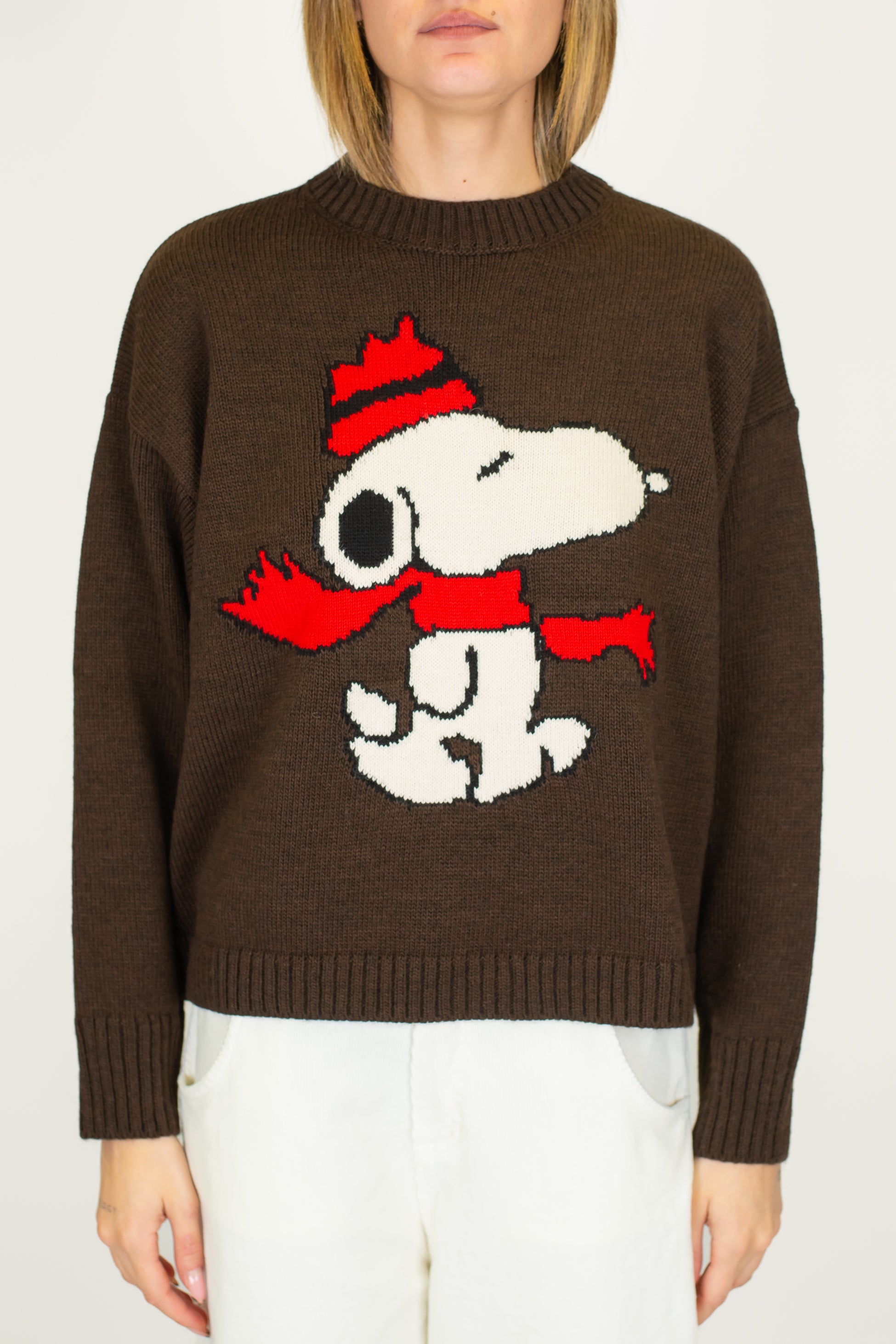 Tensione in - Maglia girocollo in misto lana con Snoopy ricamato