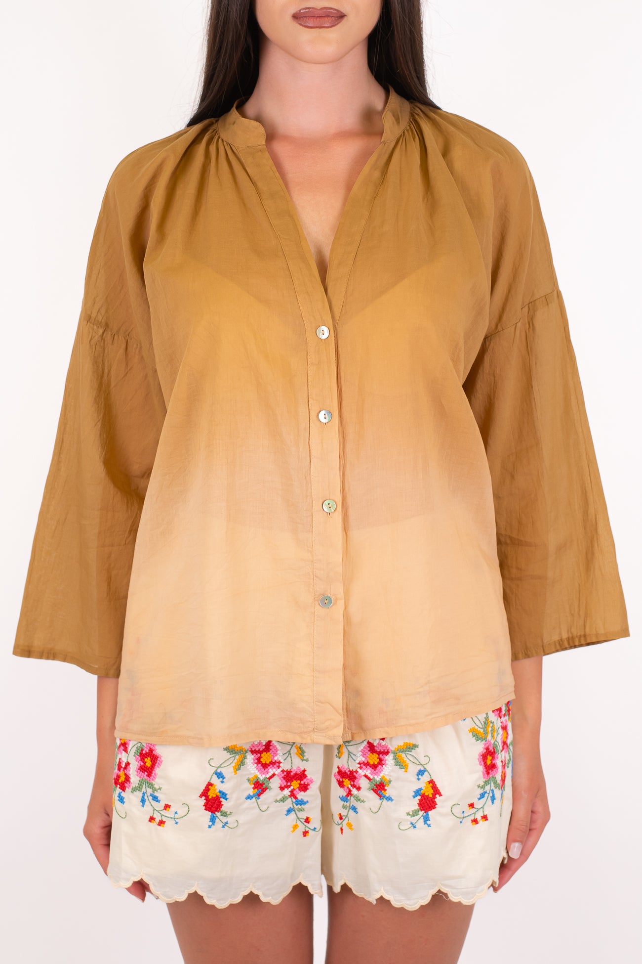 Haveone - Camicia fantasia sfumata in musssola di cotone con collo coreano e manicha tre quarti