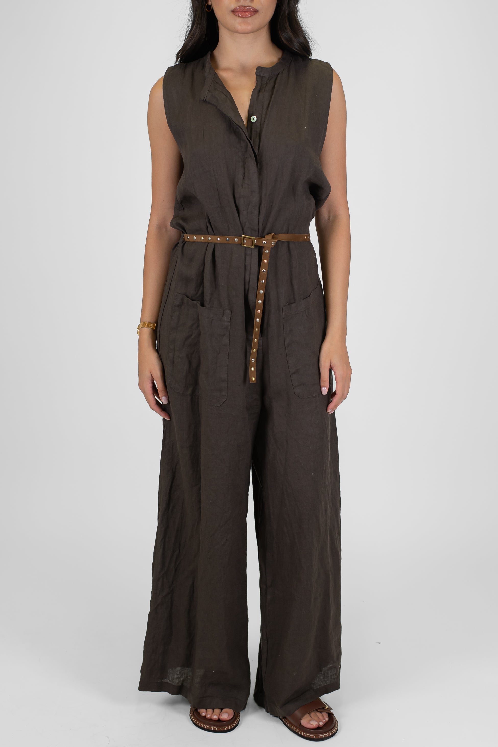 Motel - Tuta in puro lino con pantalone palazzo e tasconi frontali