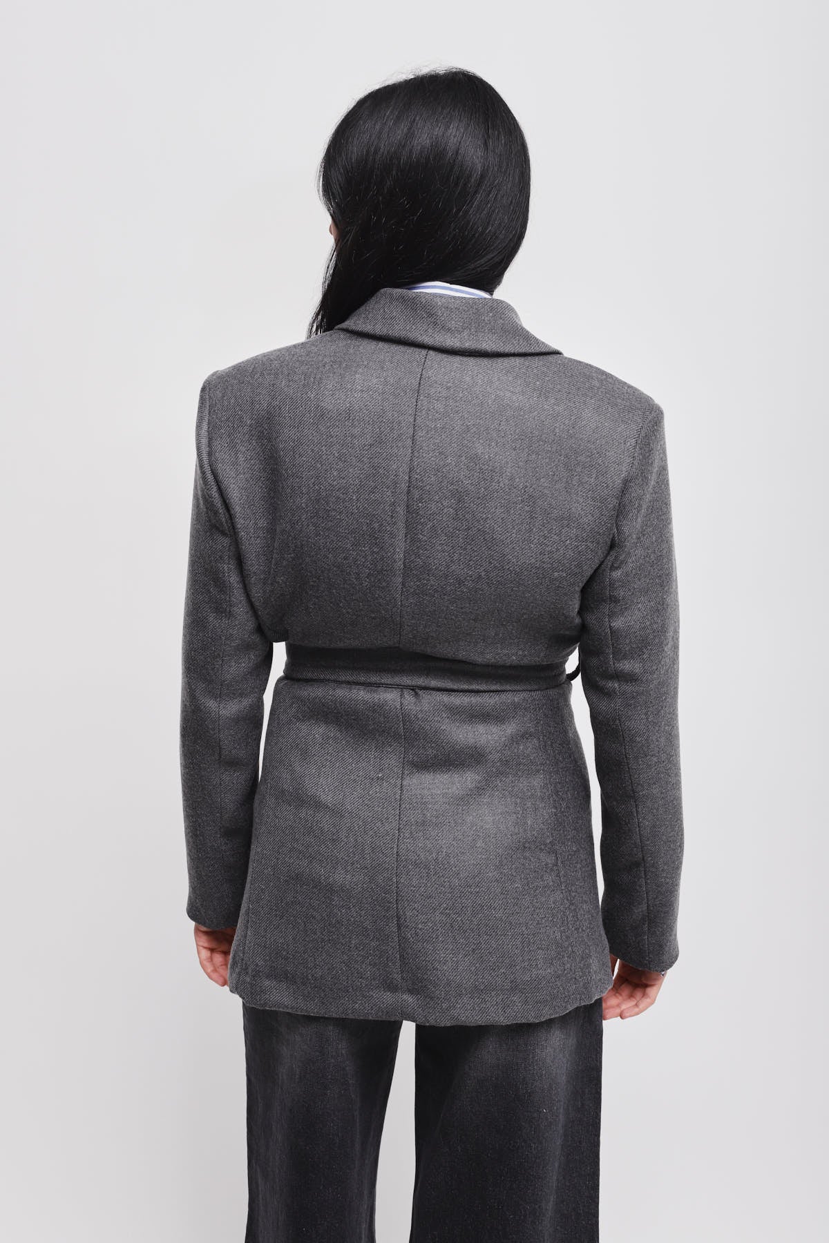 Maryley - Giacca doppiopetto tessuto diagonale in misto lana con spialline e cintura