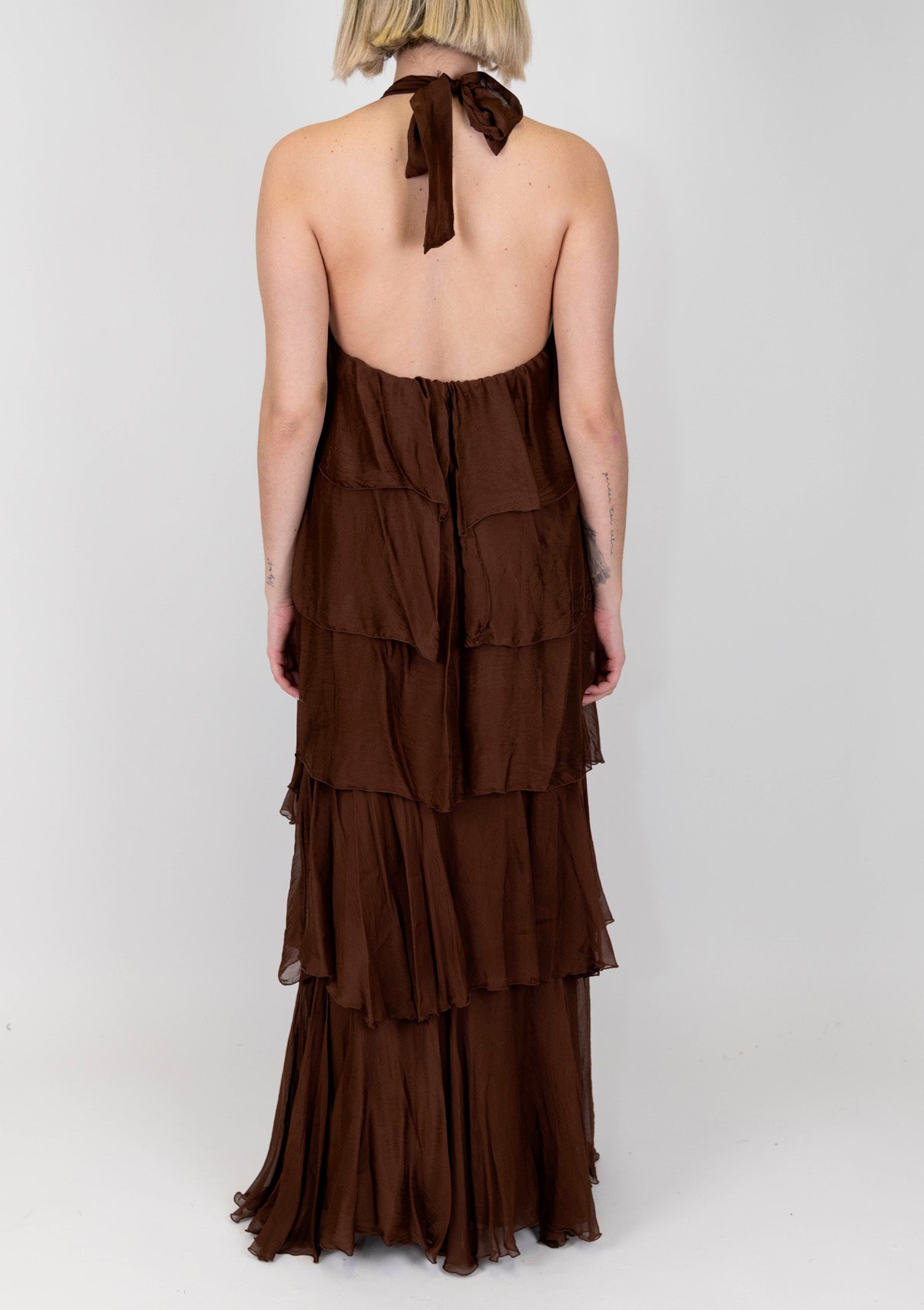 Haveone - Abito lungo in misto seta con allaccio al collo e balze