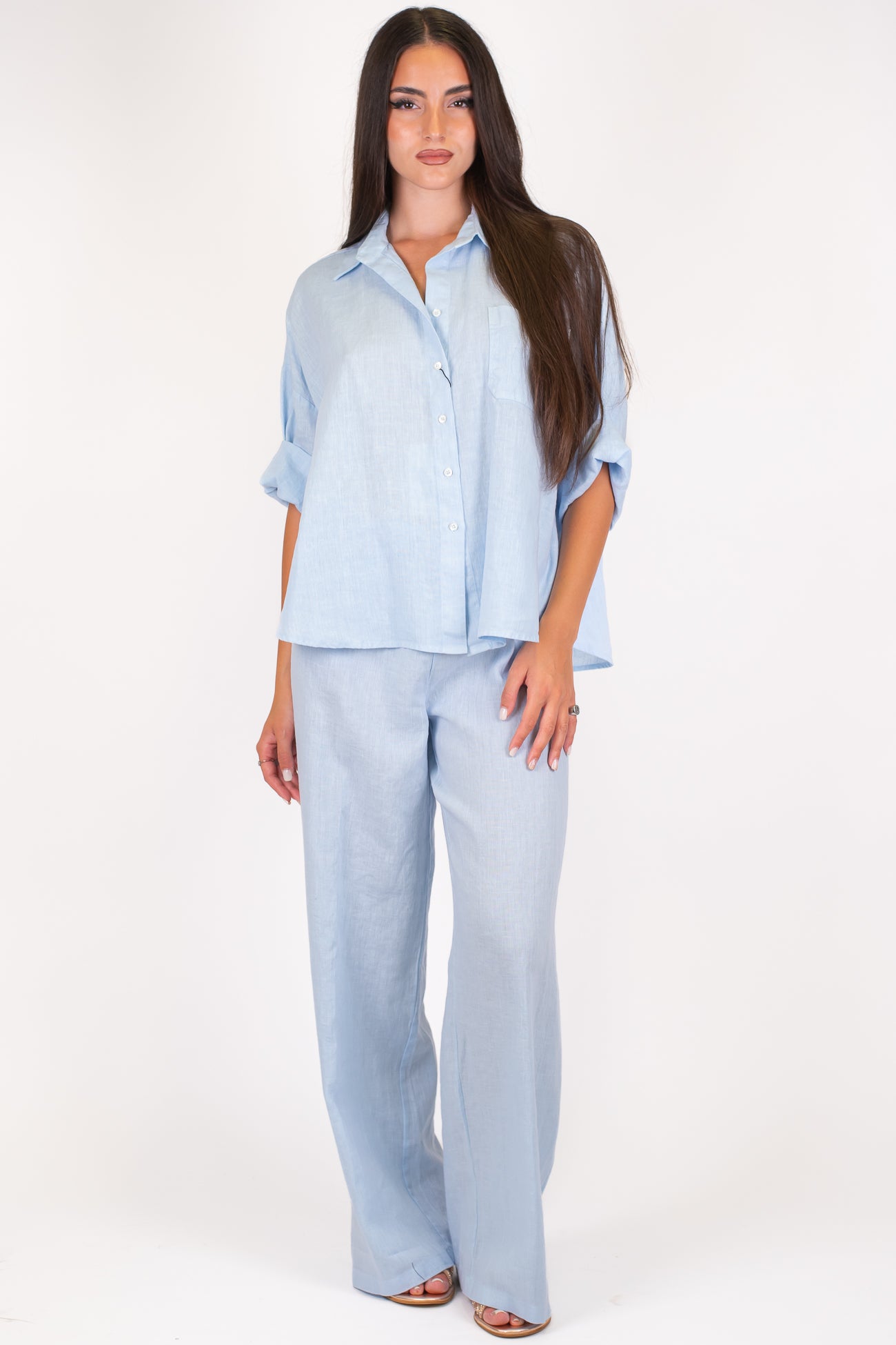 Dixie - Coordinato in puro lino camicia con taschino e pantalone palazzo con coulisse