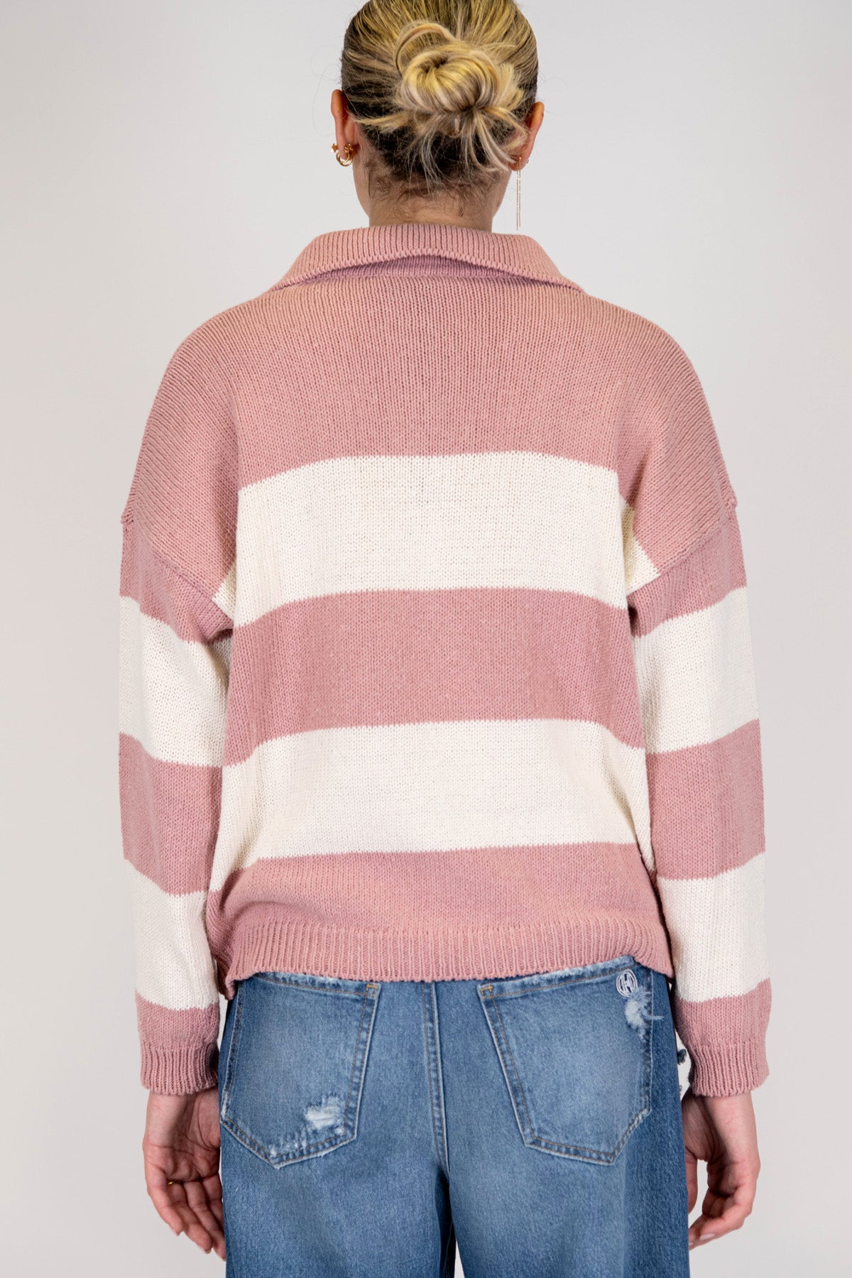 Maryley - Polo in maglia fantasia a righe ampie con scollo a V