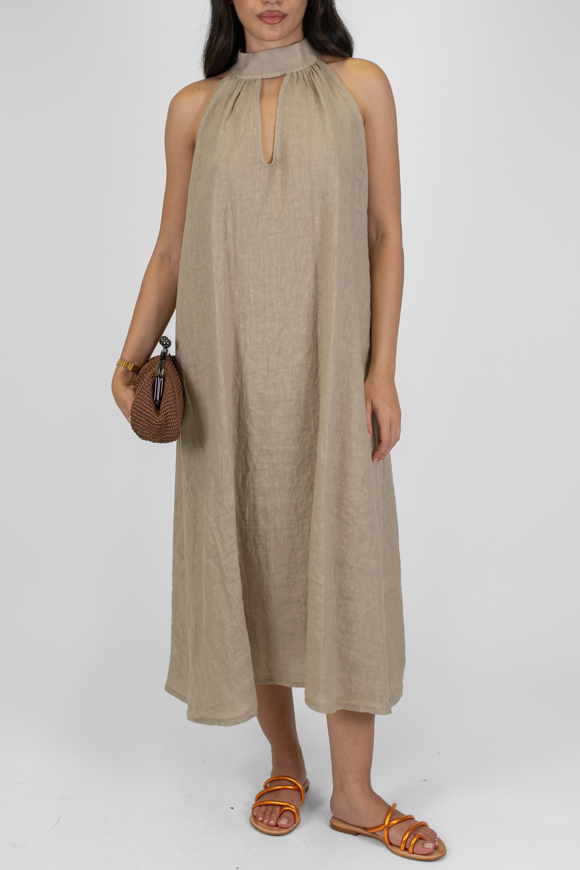 Haveone - Abito lungo in puro lino con scollo all'americana