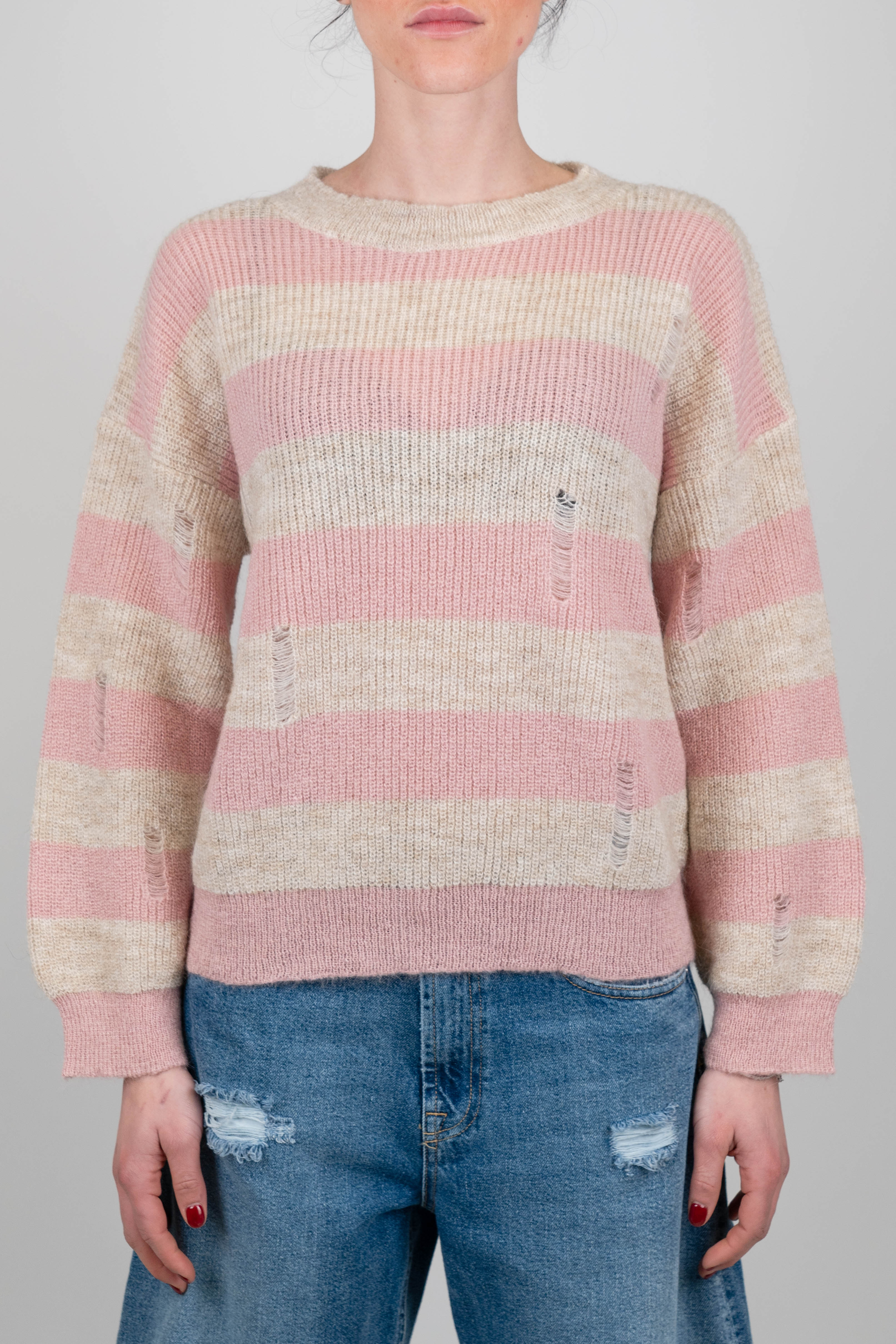 Kontatto - Maglia girocollo fantasia righe con rotture