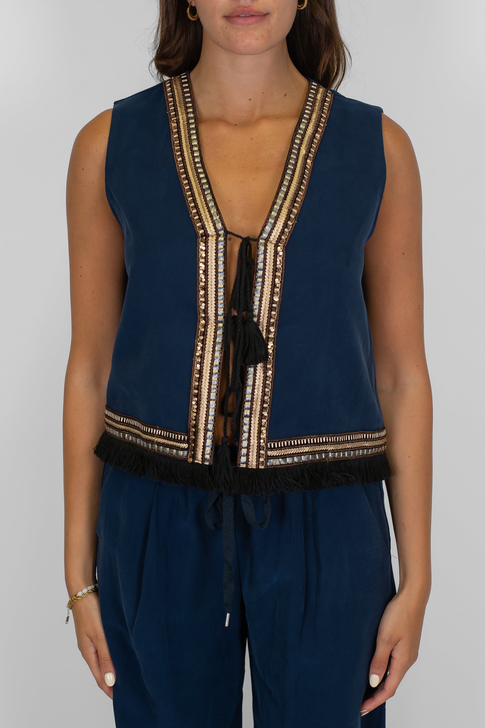 Dixie - Gilet in viscosa con profilo laminato e chiusura con lacci