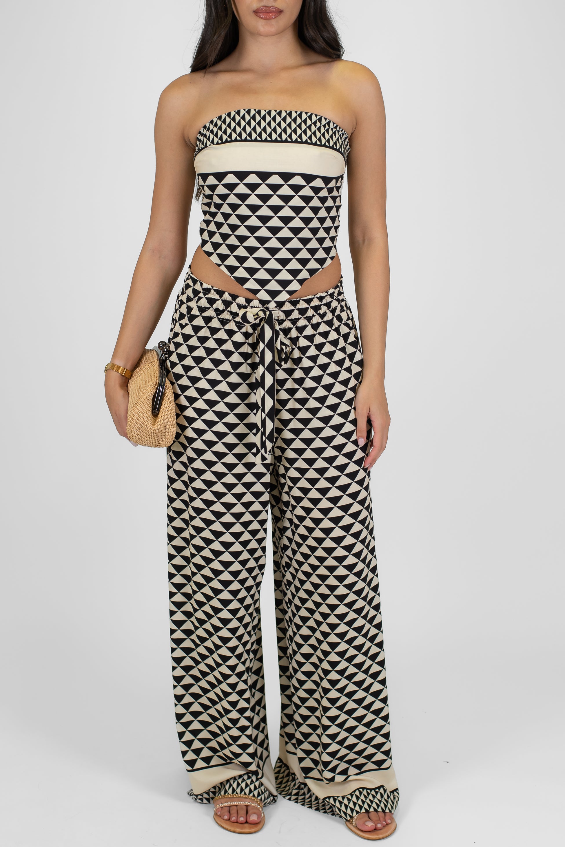 Tensione in - Pantalone palazzo fantasia geometrica in viscosa con coulisse