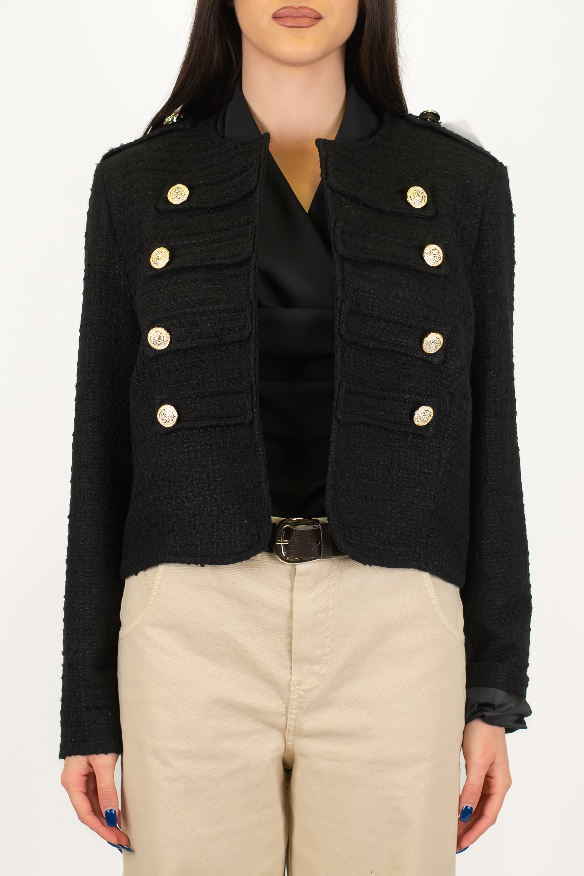 Tensione in - Giacca crop girocollo in tweed modello napoleone