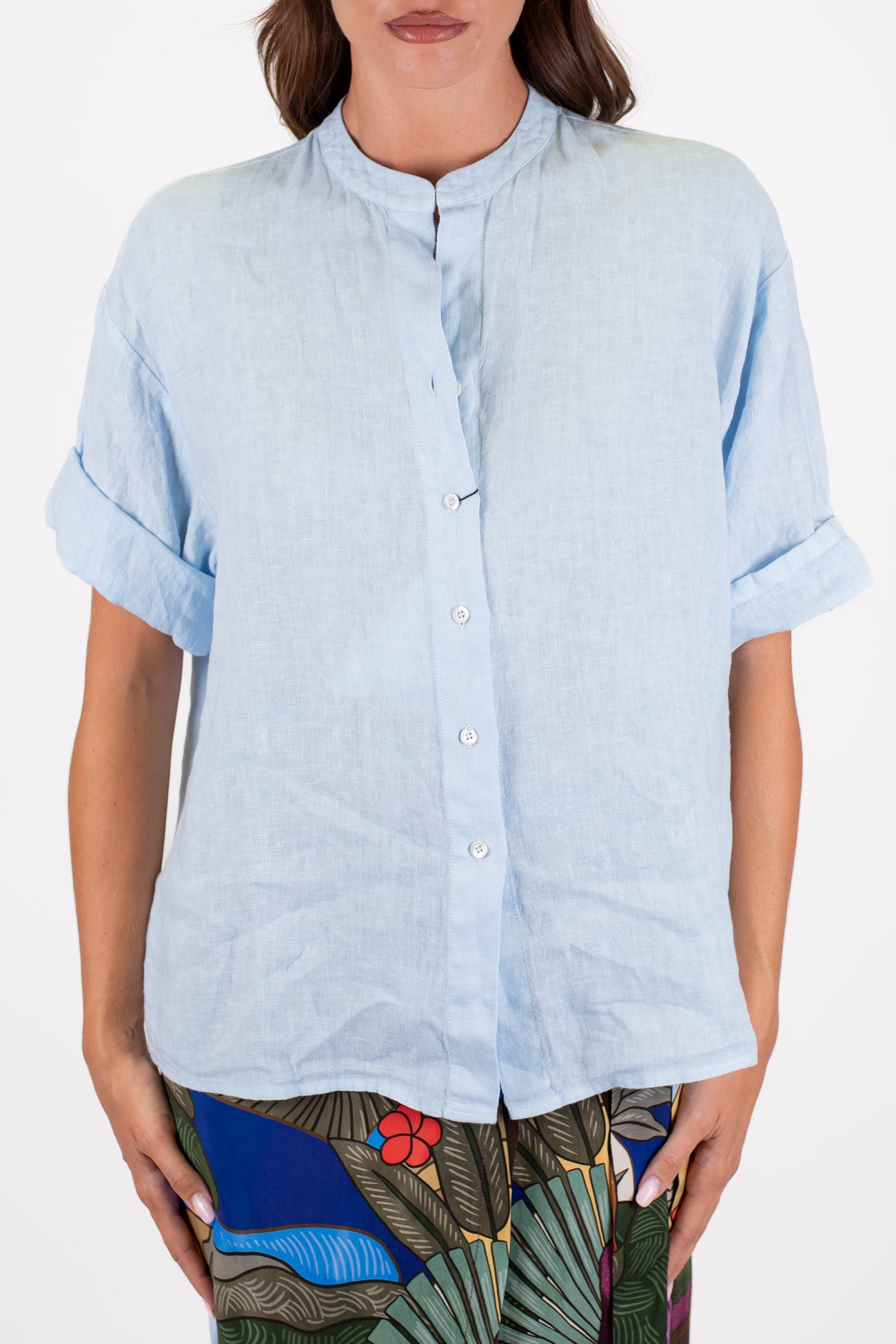 Dixie - Camicia mezzamanica in puro lino con collo coreano