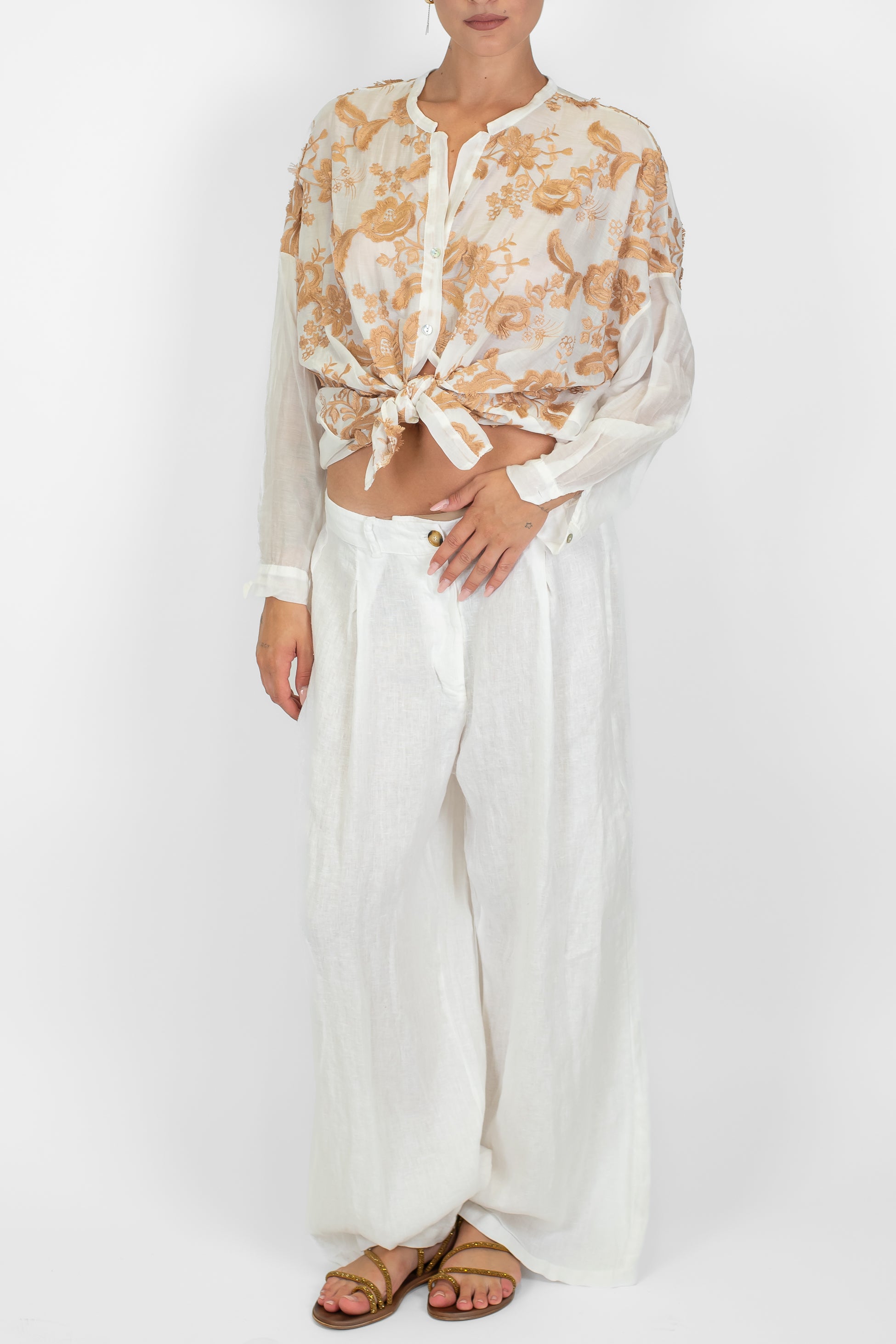 Tensione in - Pantalone palazzo con pinces 100% lino