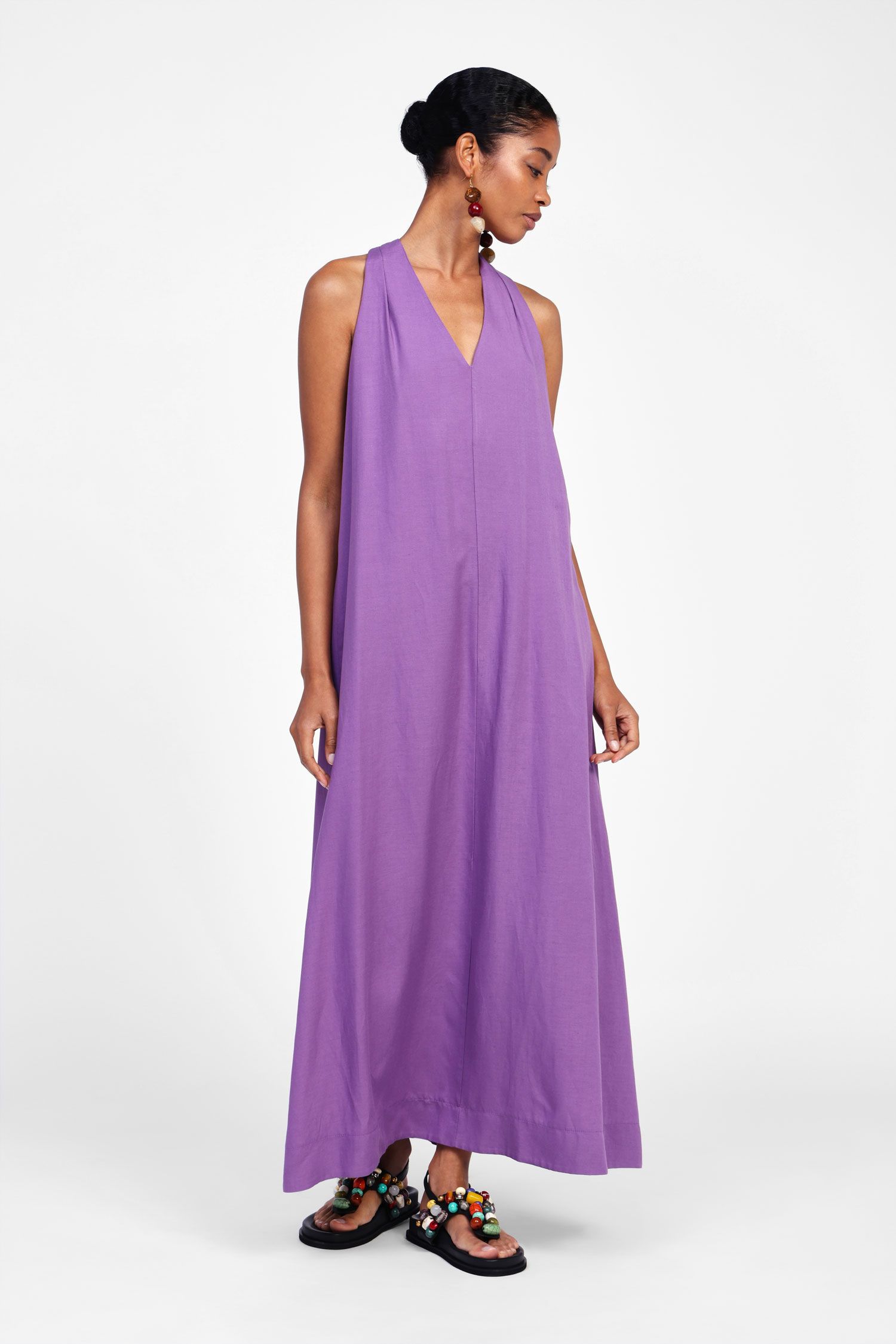 Dixie - Abito lungo giromaniche scollo a V in misto viscosa e lino con scollo sul retro intrecciato