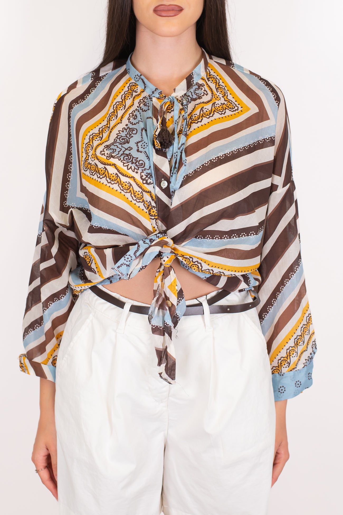 Tensione in - Camicia fantasia astratta in mussola di cotone e collo coreano