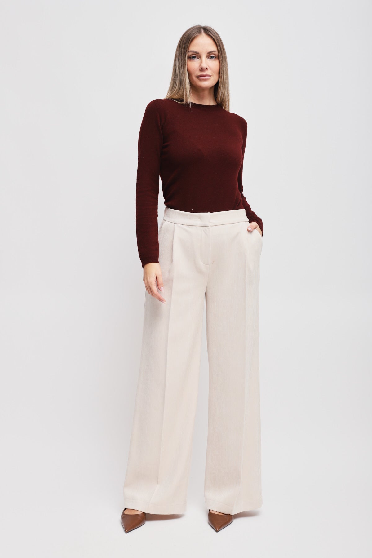 Maryley - Pantalone palazzo tessuto spigato in velluto con elastico sul retro