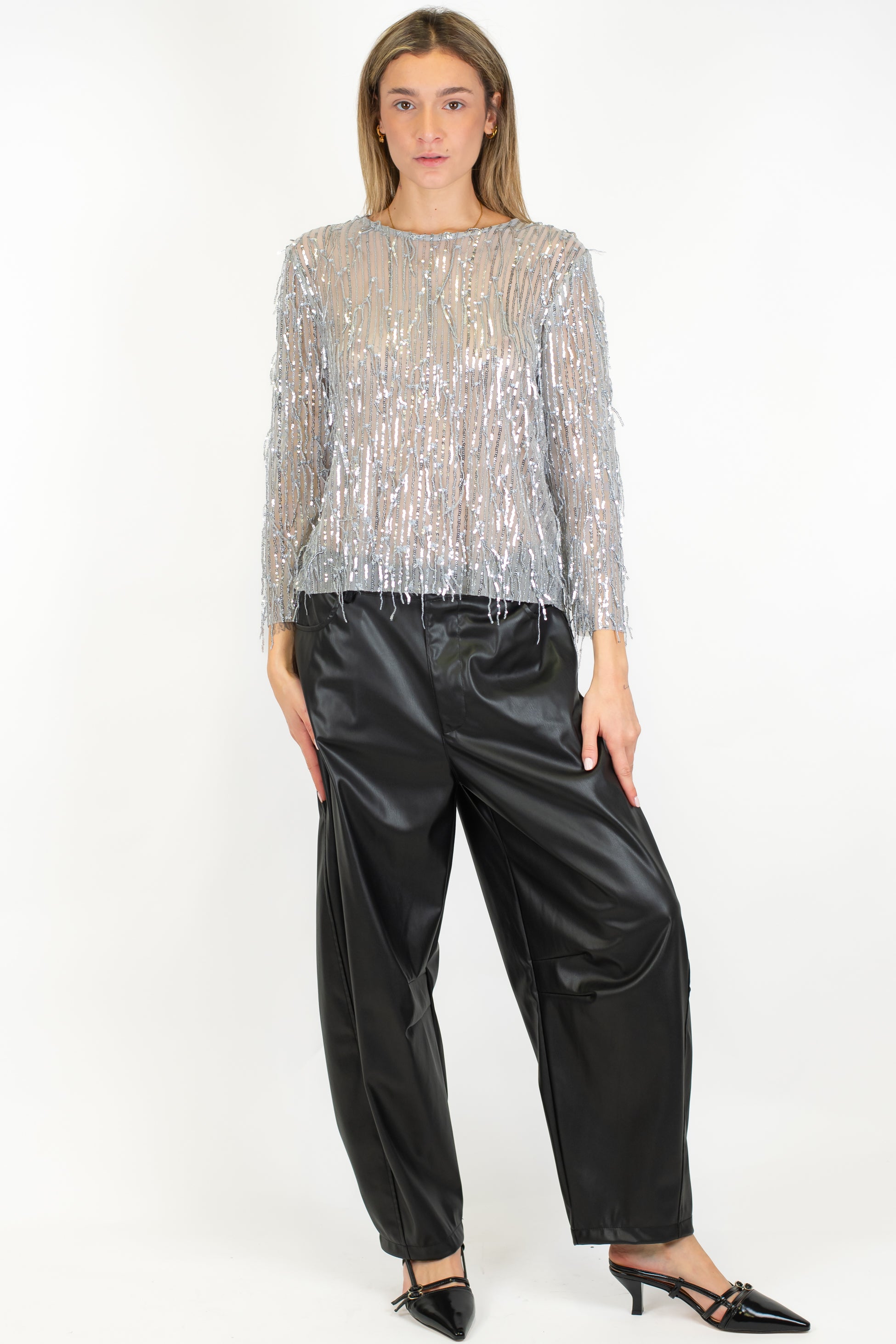 Tensione in - Blusa girocollo con frange paillettes