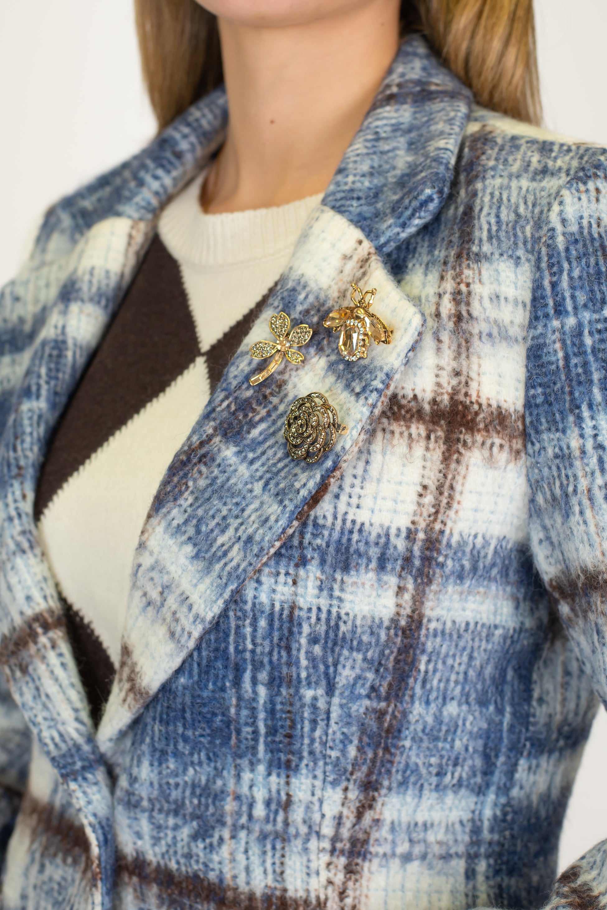 Motel - Giacca monopetto fantasia check in misto lana con spille