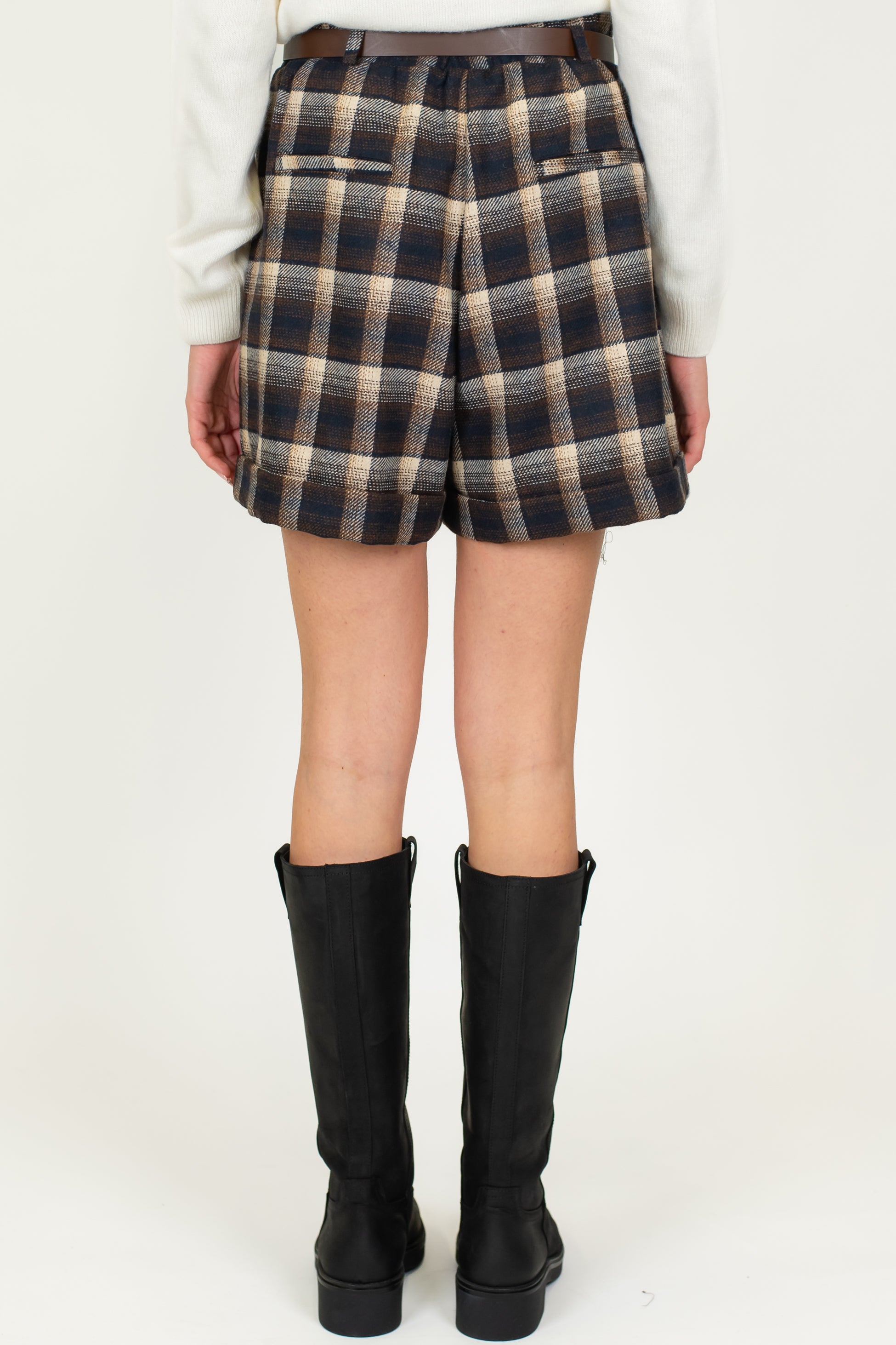 Tensione in - Shorts fantasia quadri in misto lana con elastico in vita