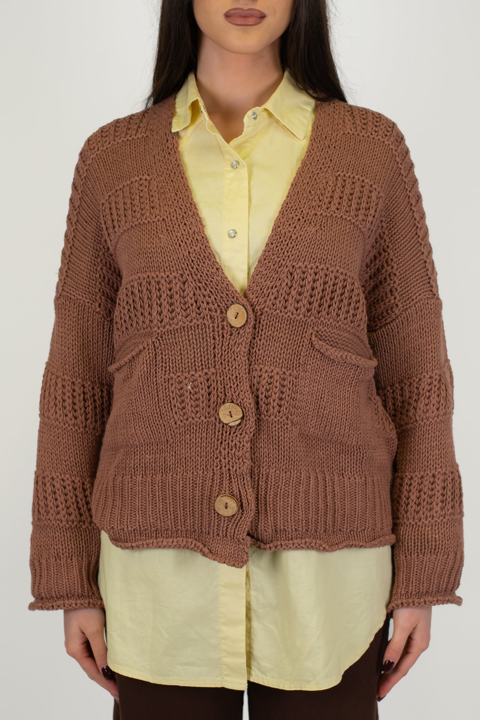 Haveone - Cardigan tre bottoni in filato leggero con bande in rilievo