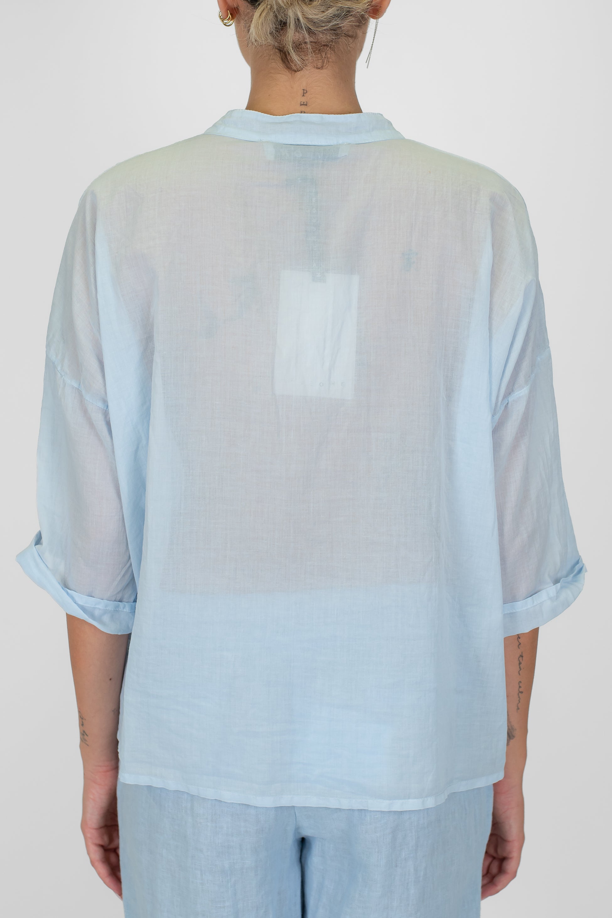 Haveone - Camicia in mussola di cotone con collo coreano e manica tre quarti