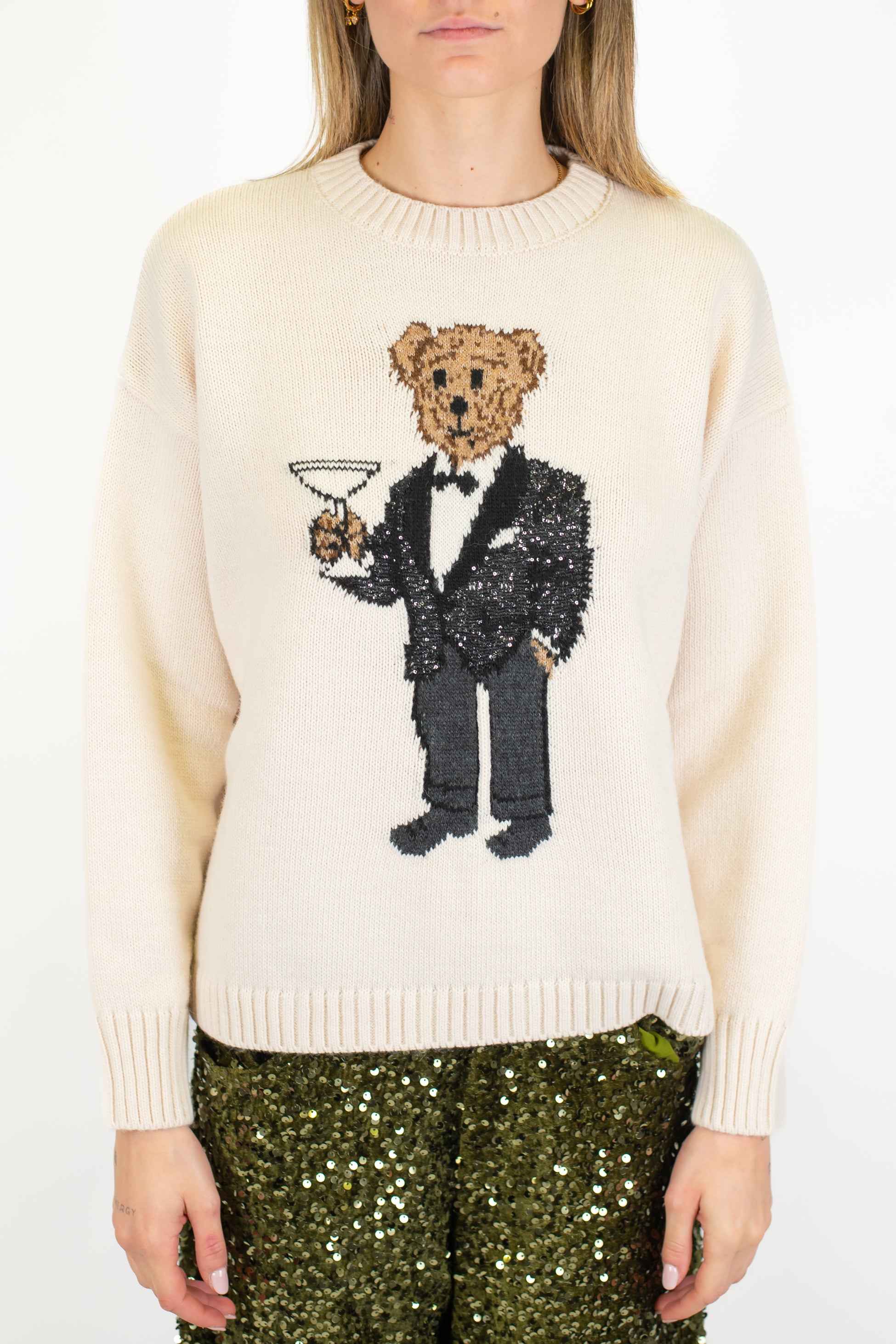 Tensione in - Maglia in misto lana con orsetto paillettes