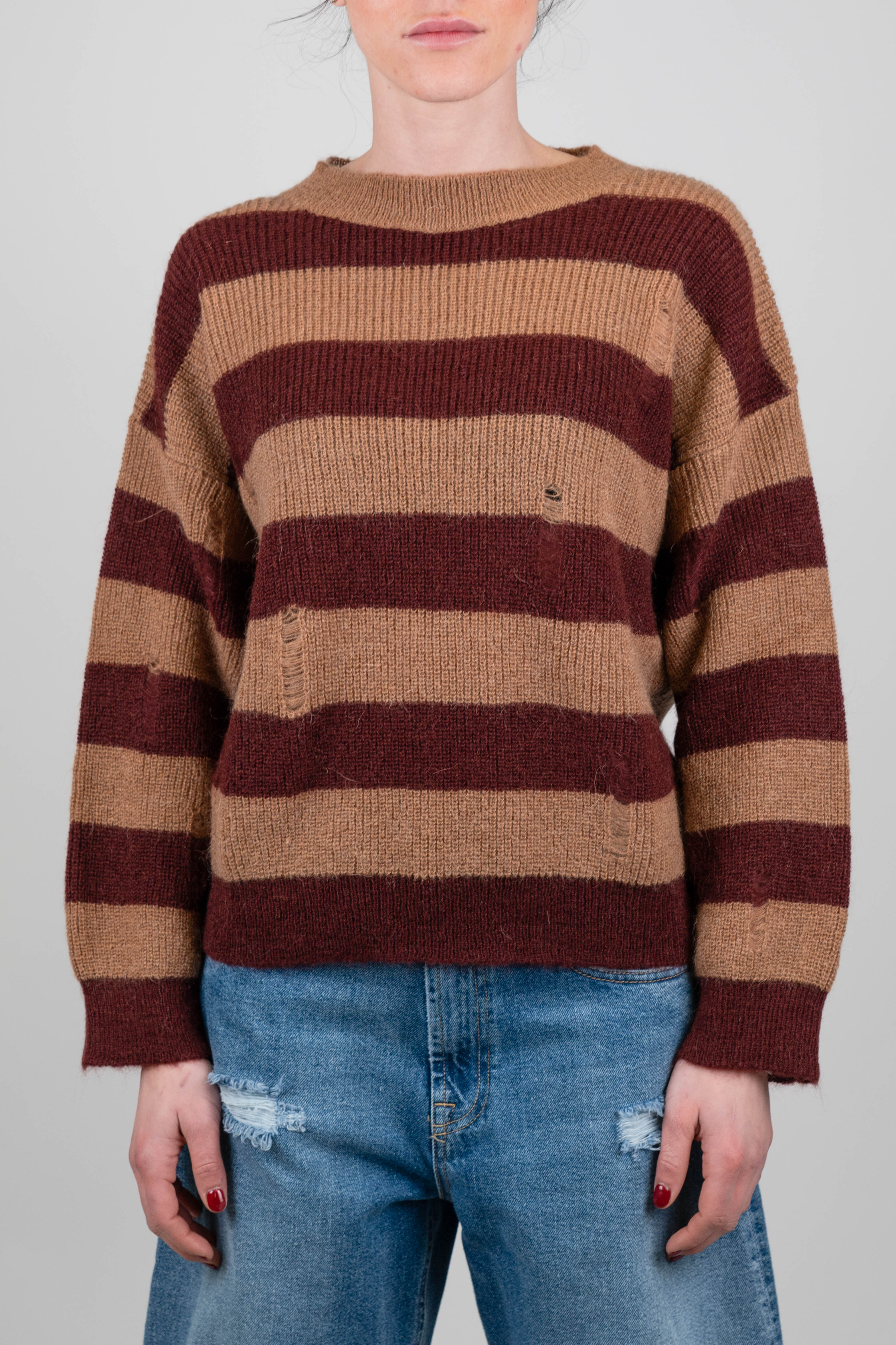 Kontatto - Maglia girocollo fantasia righe con rotture