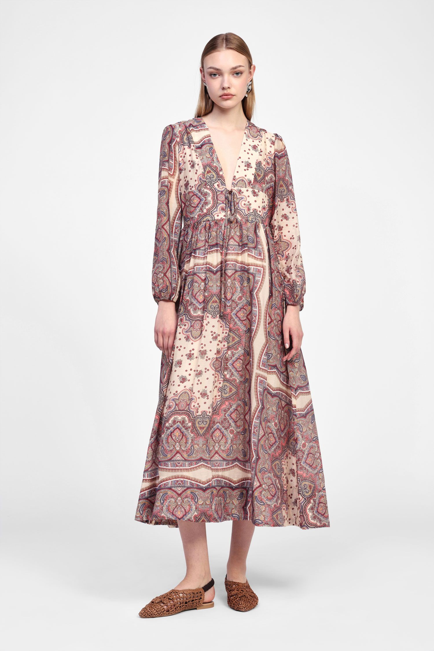 Dixie - Abito lungo scollo a V fantasia astratta in lyocell con manica lunga