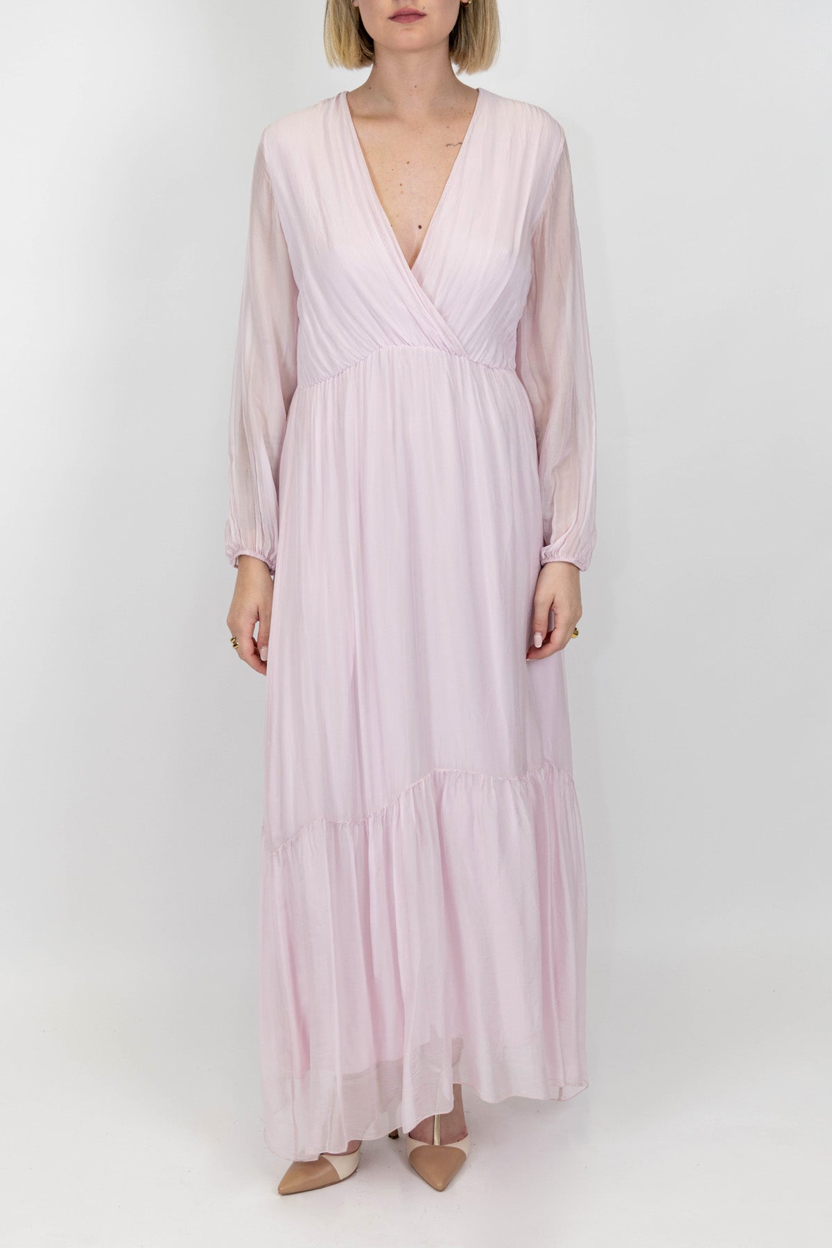 Dixie - Abito lungo in misto seta con scollo a V ed elastico in vita