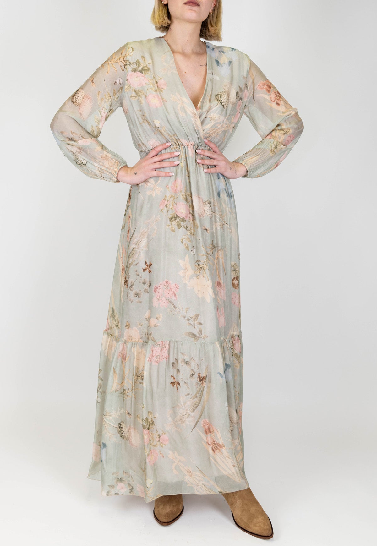 Dixie - Abito lungo scollo V fantasia floreale in misto seta