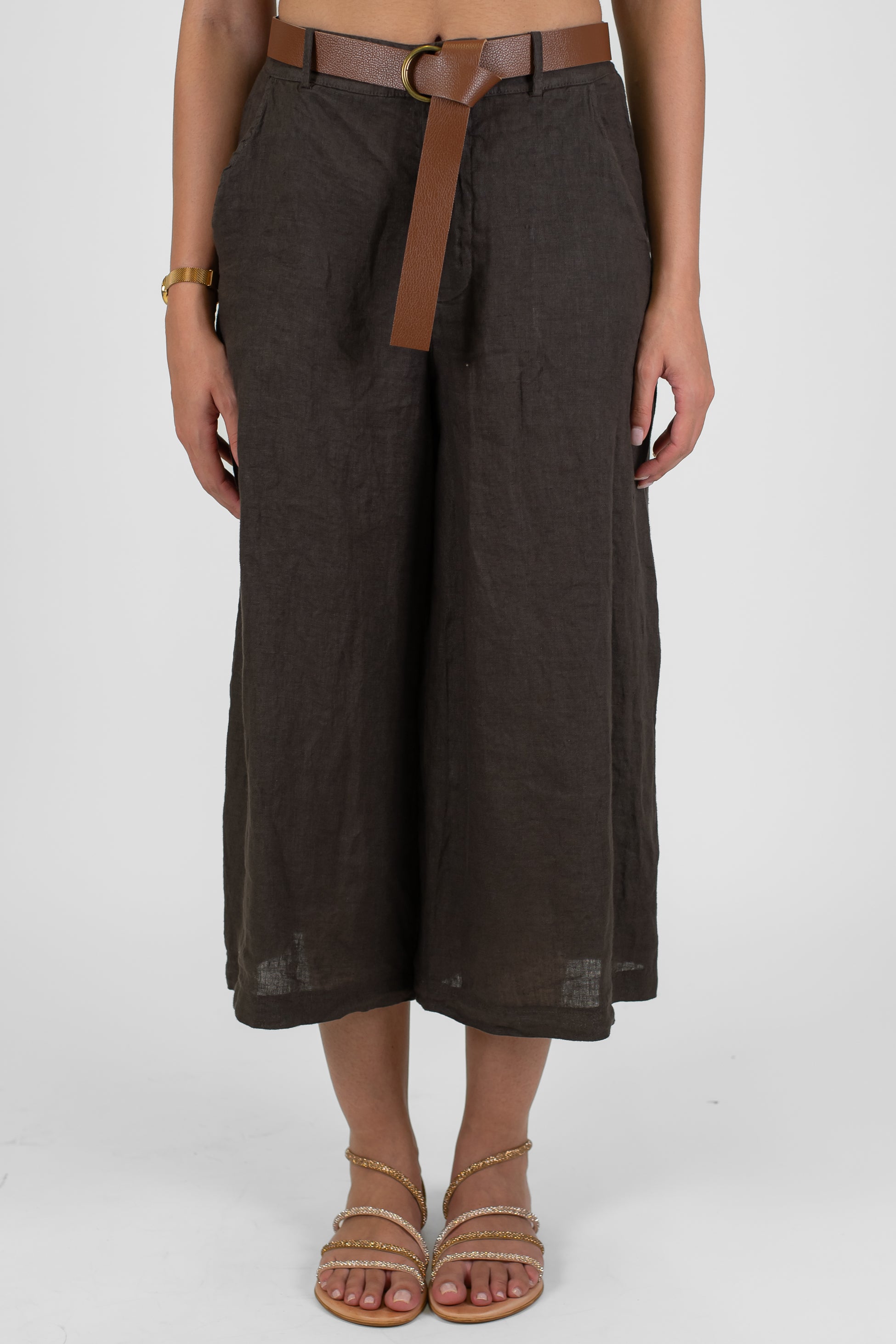 Haveone - Pantalone crop a gamba ampia in puro lino con elastico sul retro