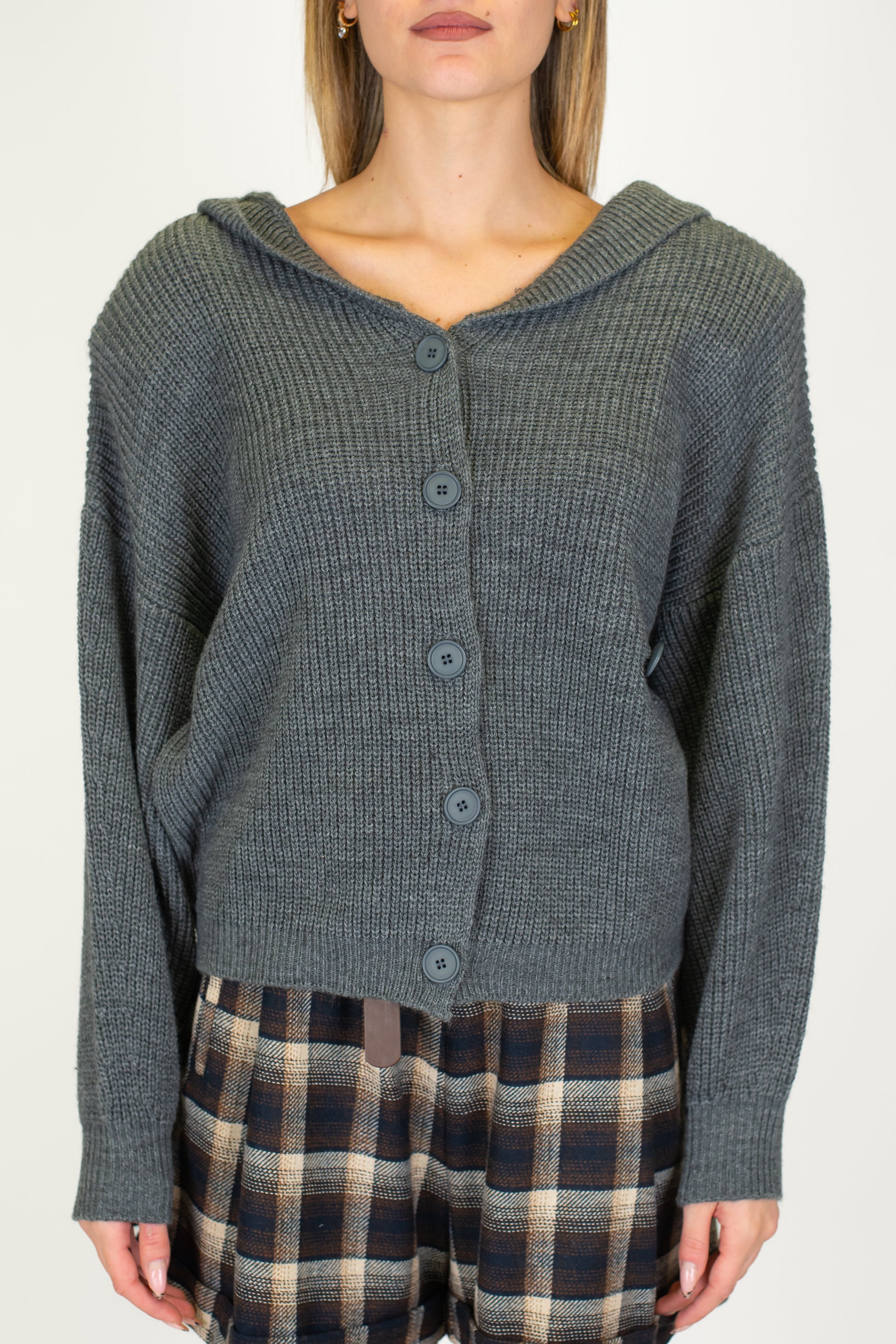 Haveone - Cardigan a costine in misto lana con spalline e cappuccio