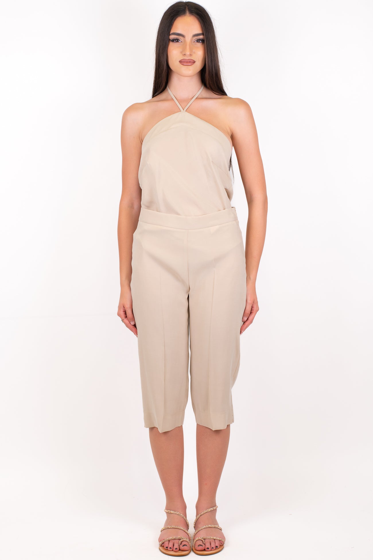 Maryley - Coordinato in modal top fazzoletto scollo americano e pinocchietto con chiusura zip laterale