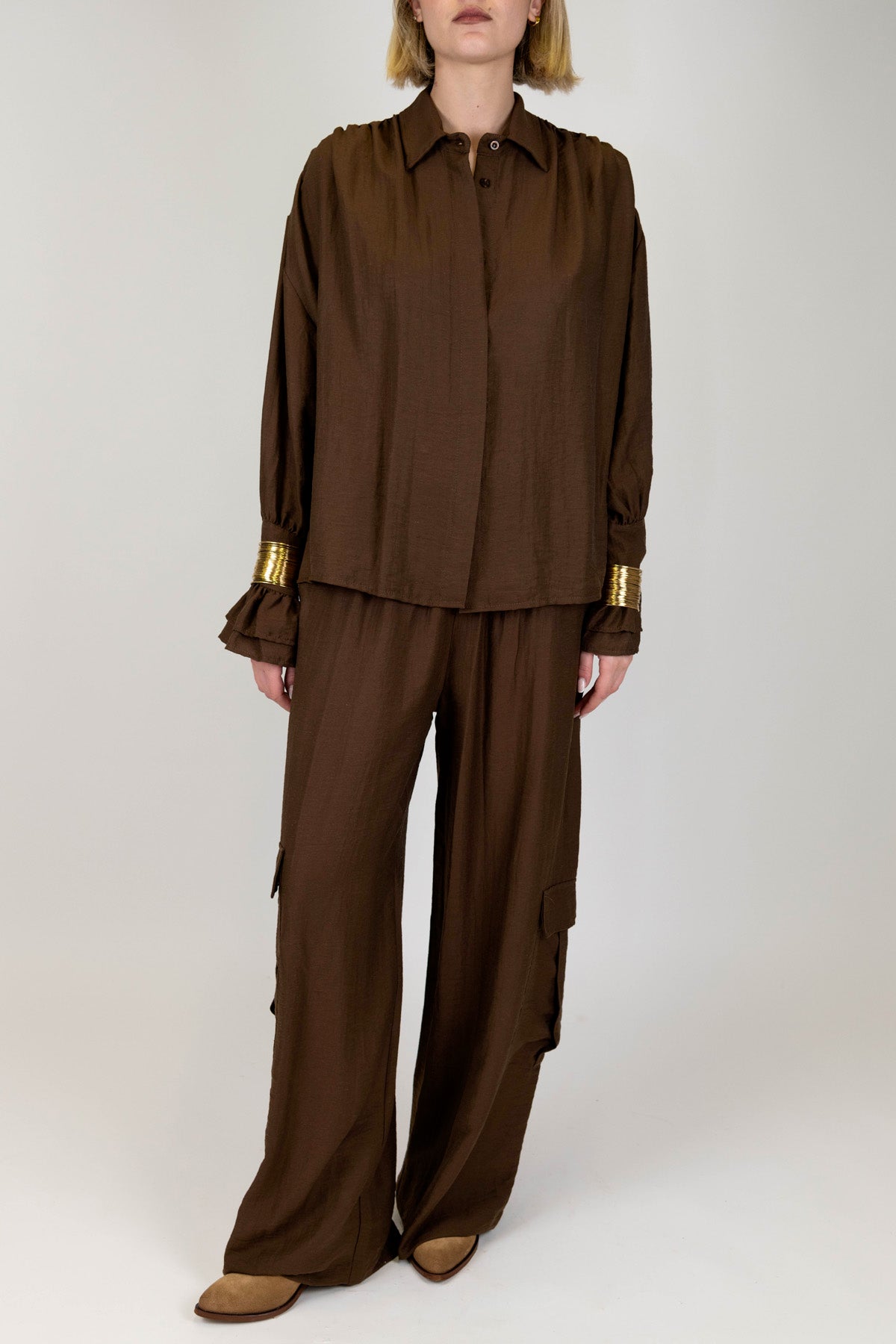 Haveone - Pantalone cargo palazzo in misto lino con elastico in vita