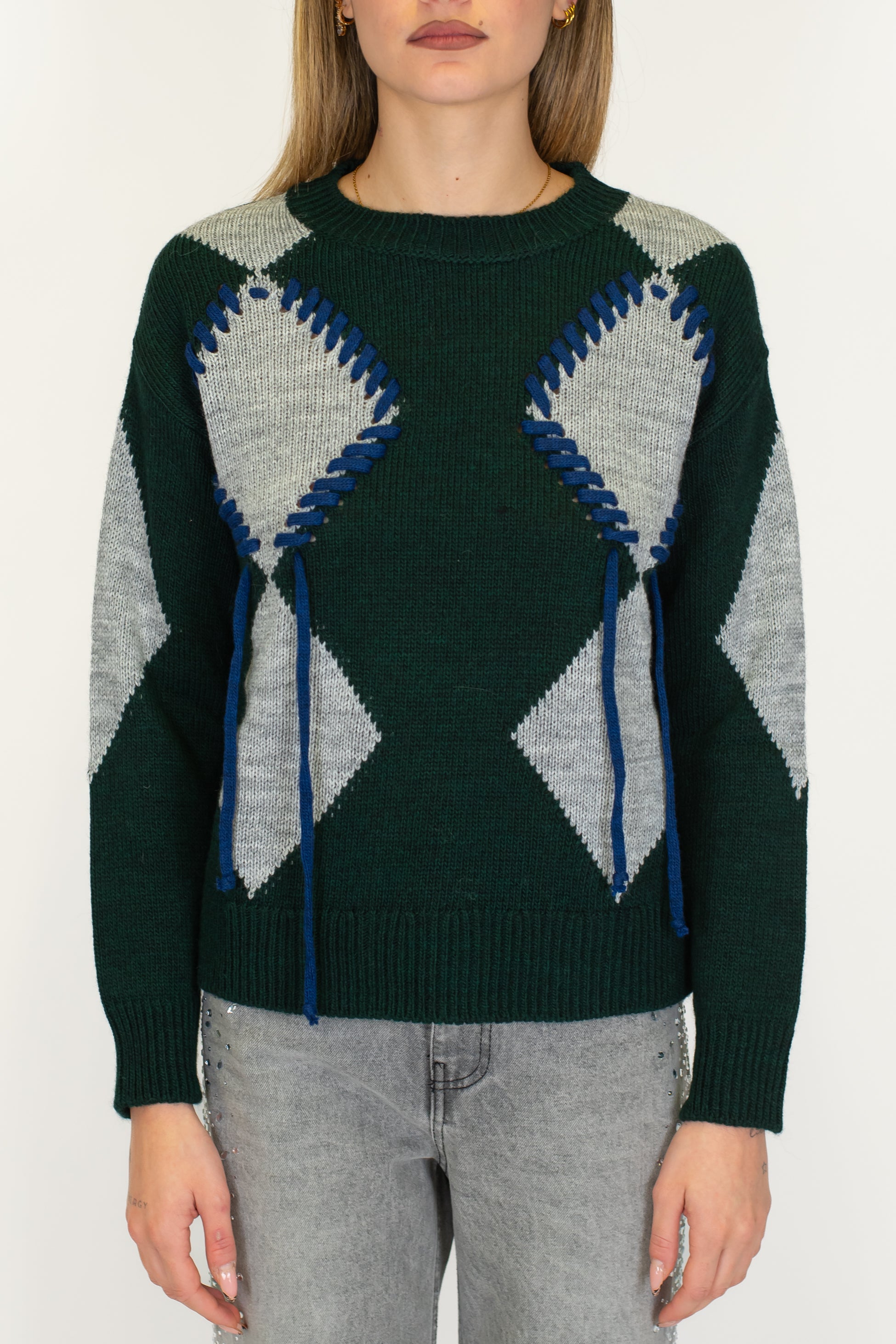 Motel - Maglia fantasia rombi con dettagli ricamati a contrasto in misto lana