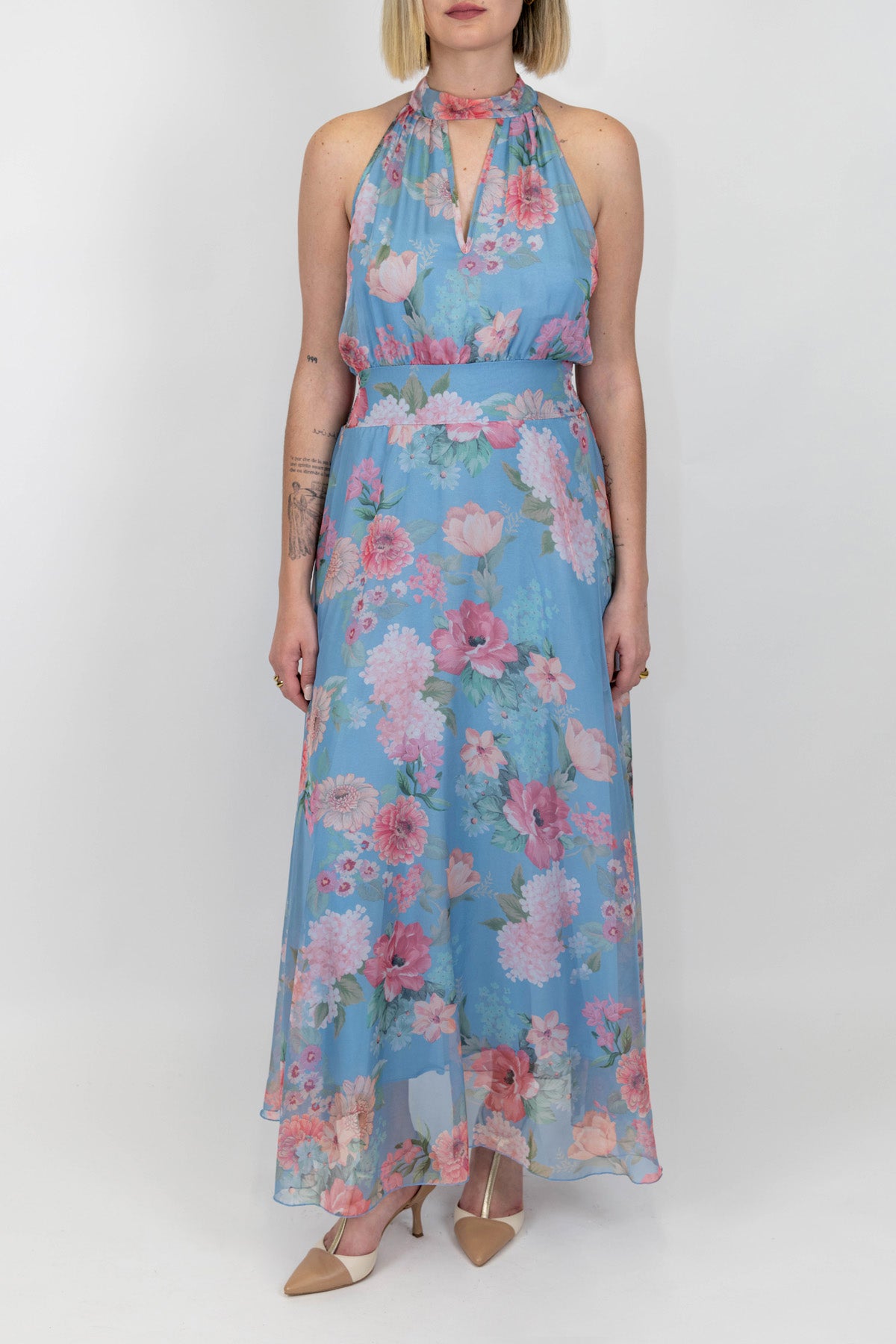 Tensione in - Abito lungo fantasia floreale con scollo all'americana ed elastico in vita