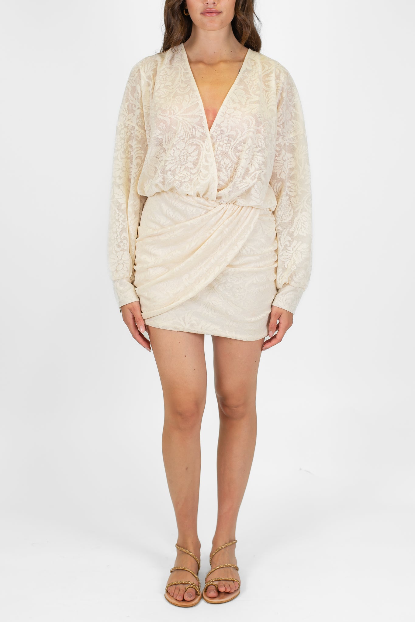 Haveone - Abito corto scollo a V ricamato in pizzo con fondo drappeggiato