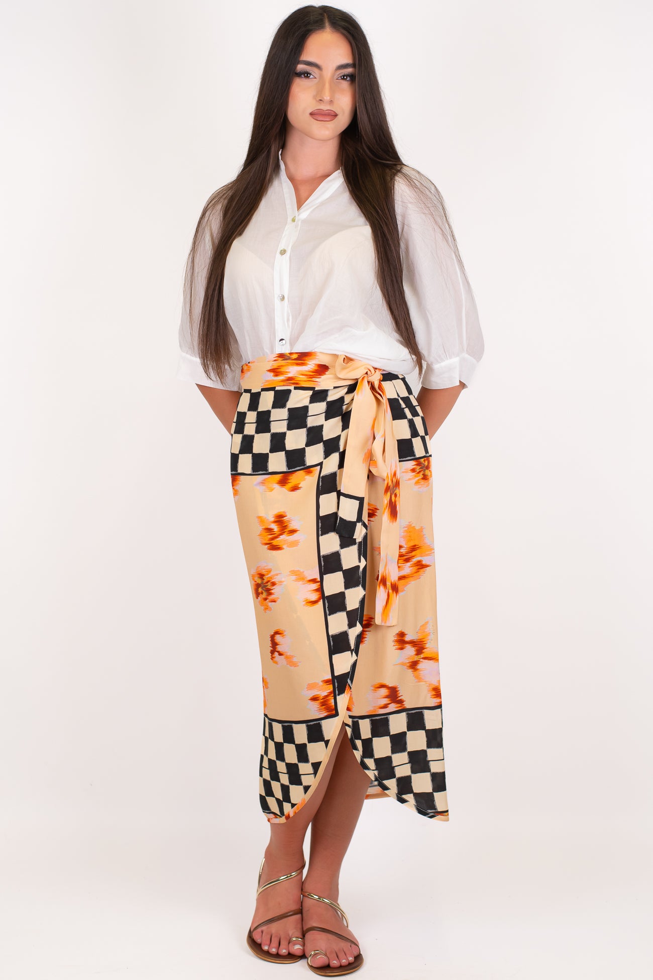 Dixie - Gonna pareo fantasia floreale astratta con profili check a contrasto