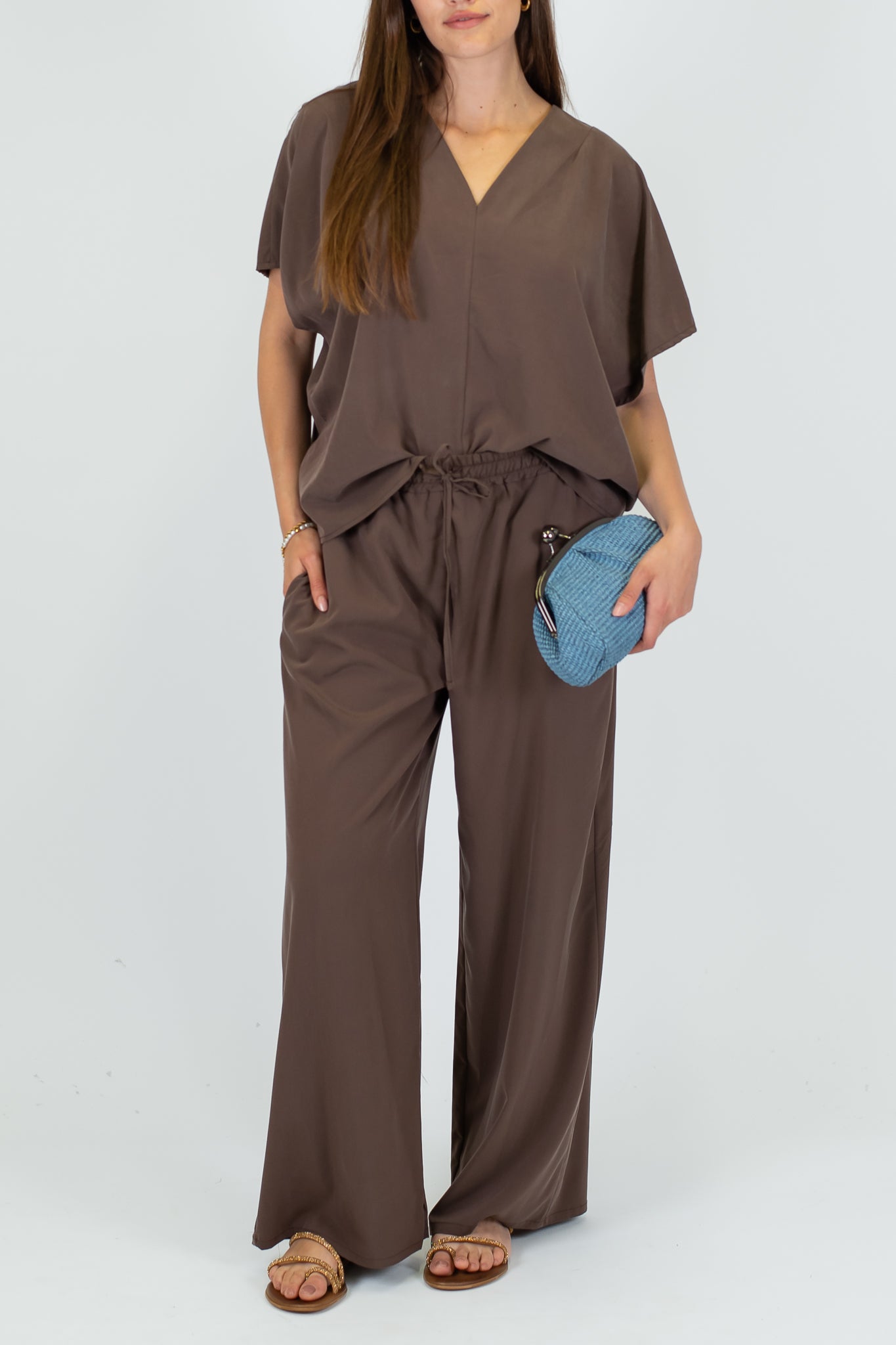 Haveone - Coordinato blusa scollo V e pantalone palazzo in cupro