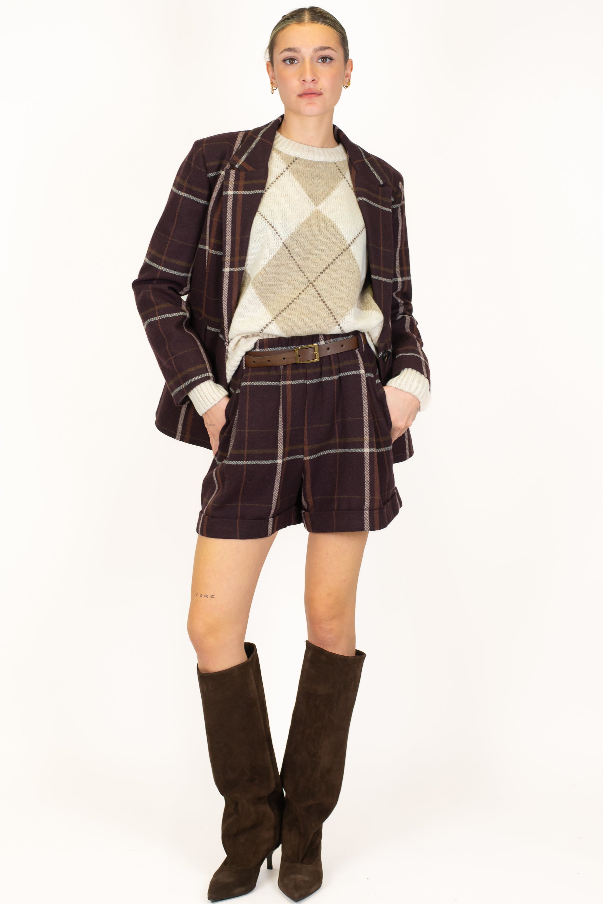 Tensione in - Giacca a scatola fantasia quadri in misto lana con spalline