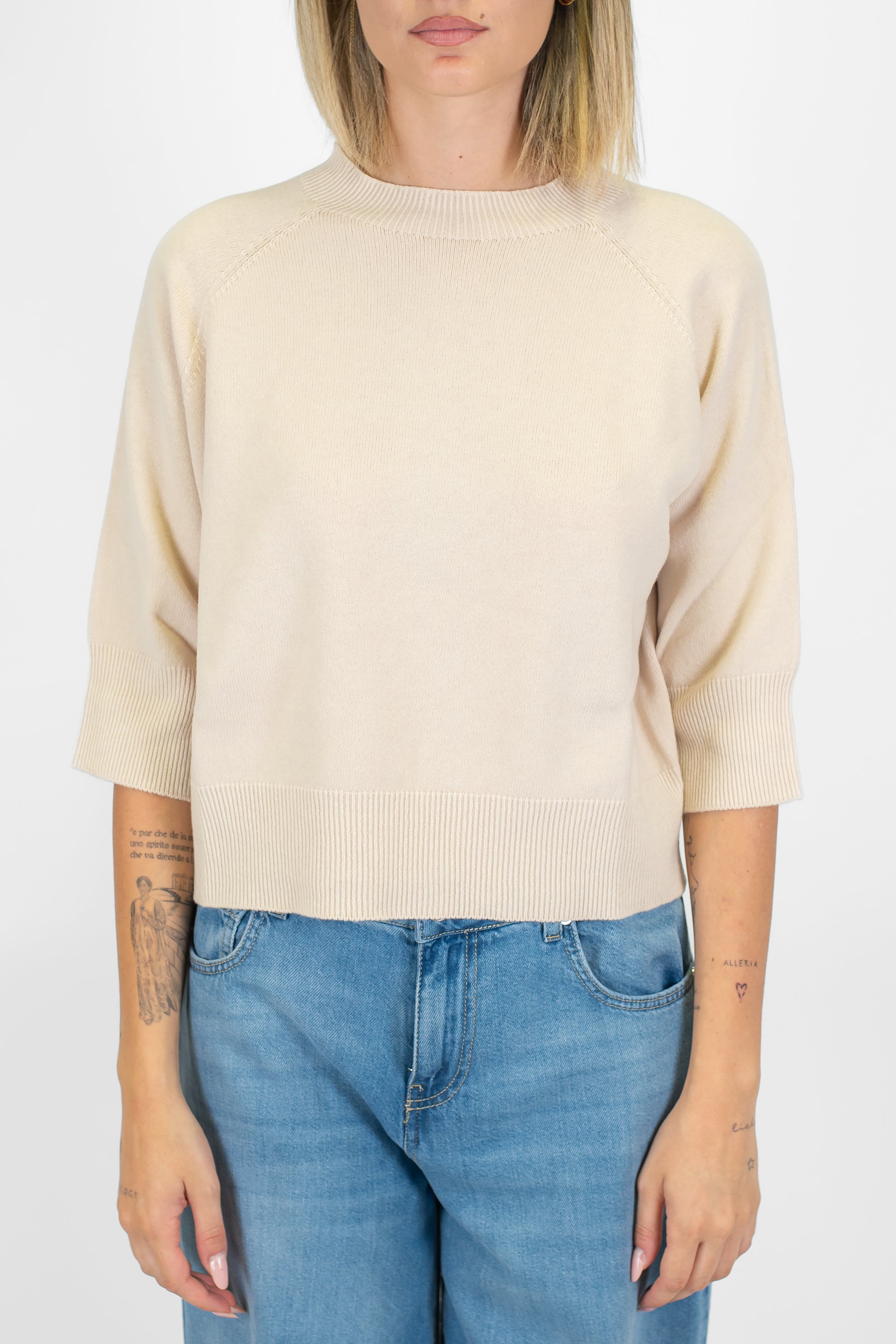 Kontatto - Maglia girocollo a coste in misto lana con manica tre quarti