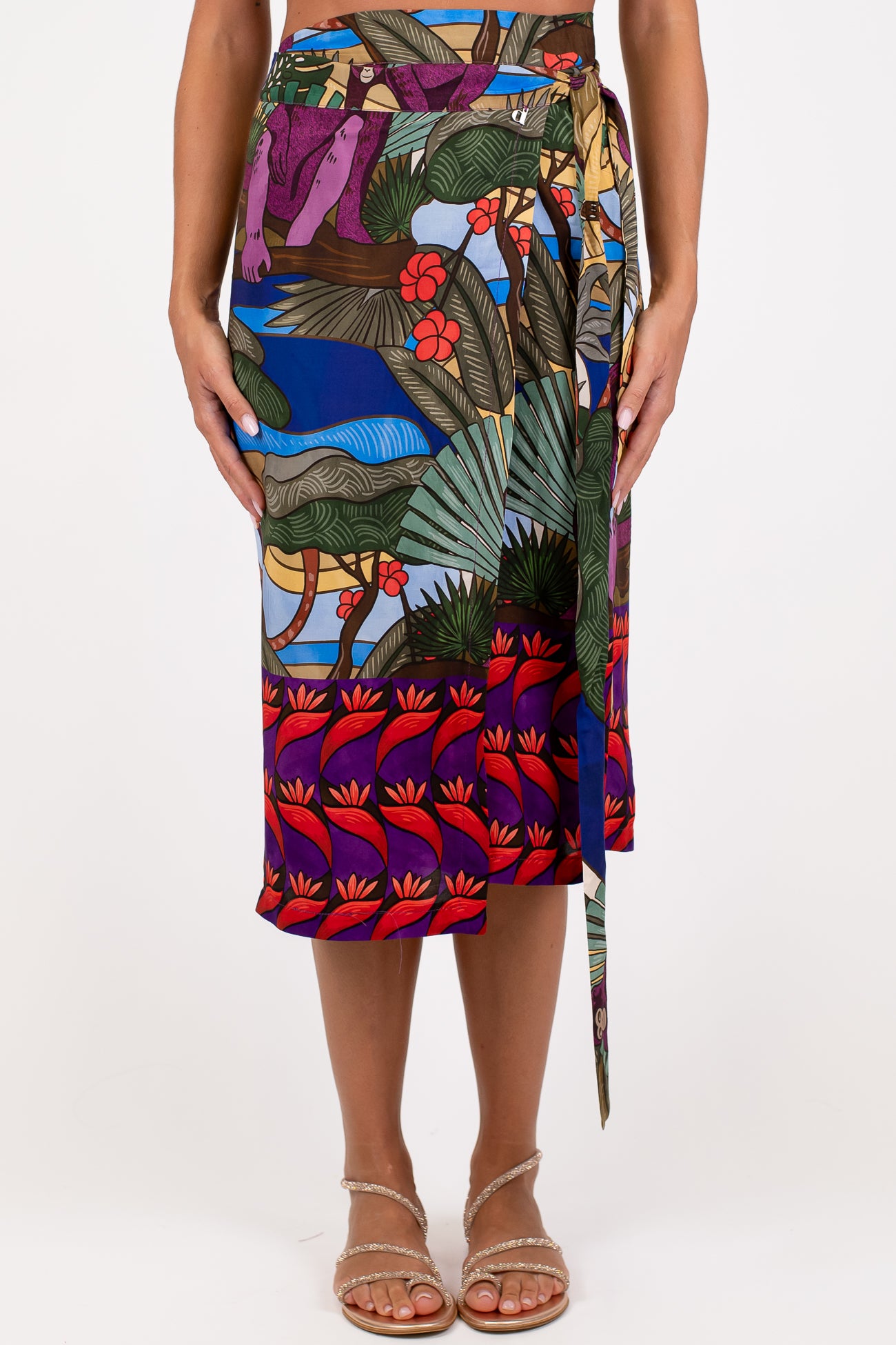 Dixie - Gonna pareo midi fantasia tropicale astratta in viscosa leggera