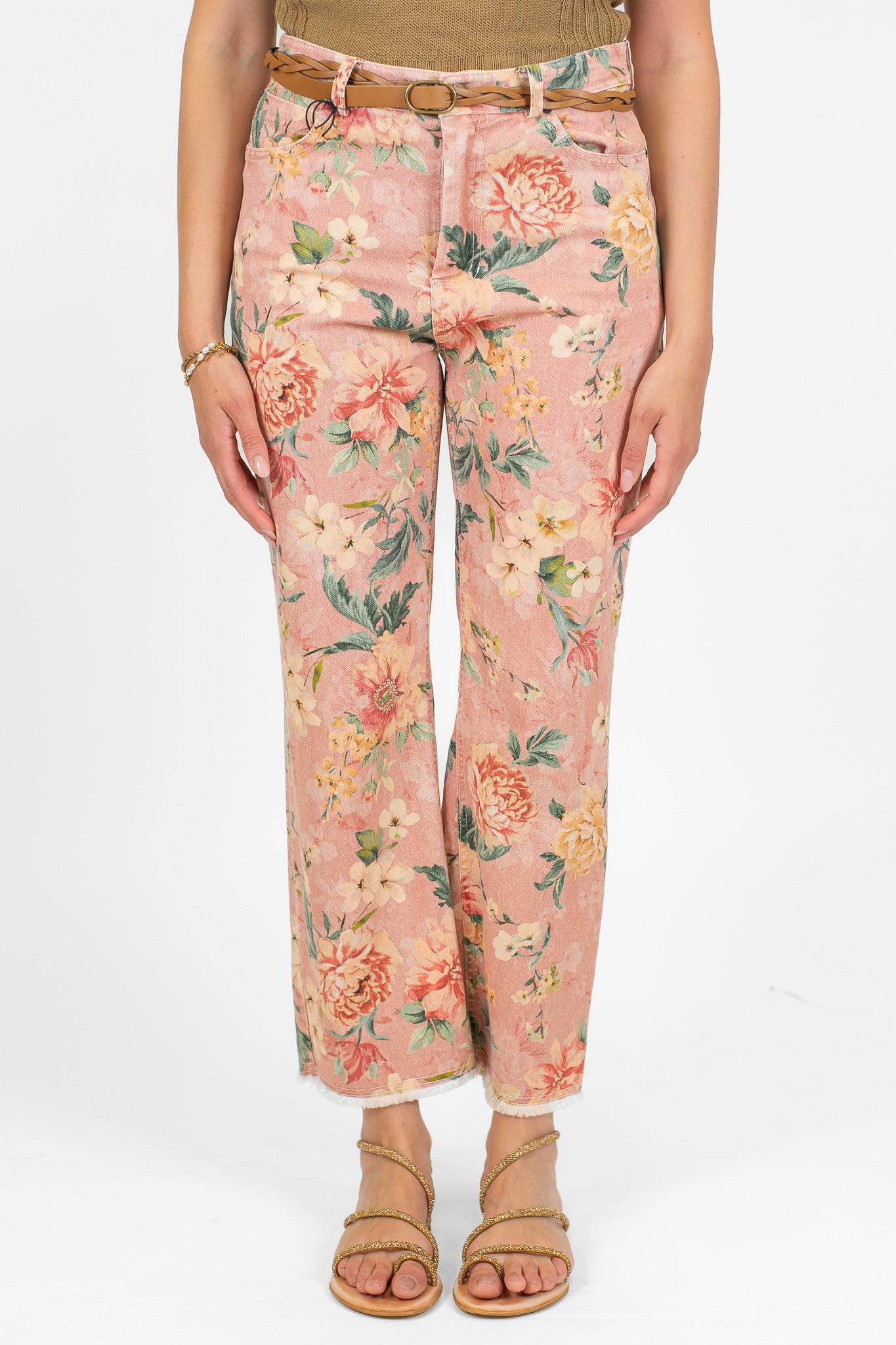 Tensione in - Pantalone fantasia floreale in denim sfrangiato sul fondo