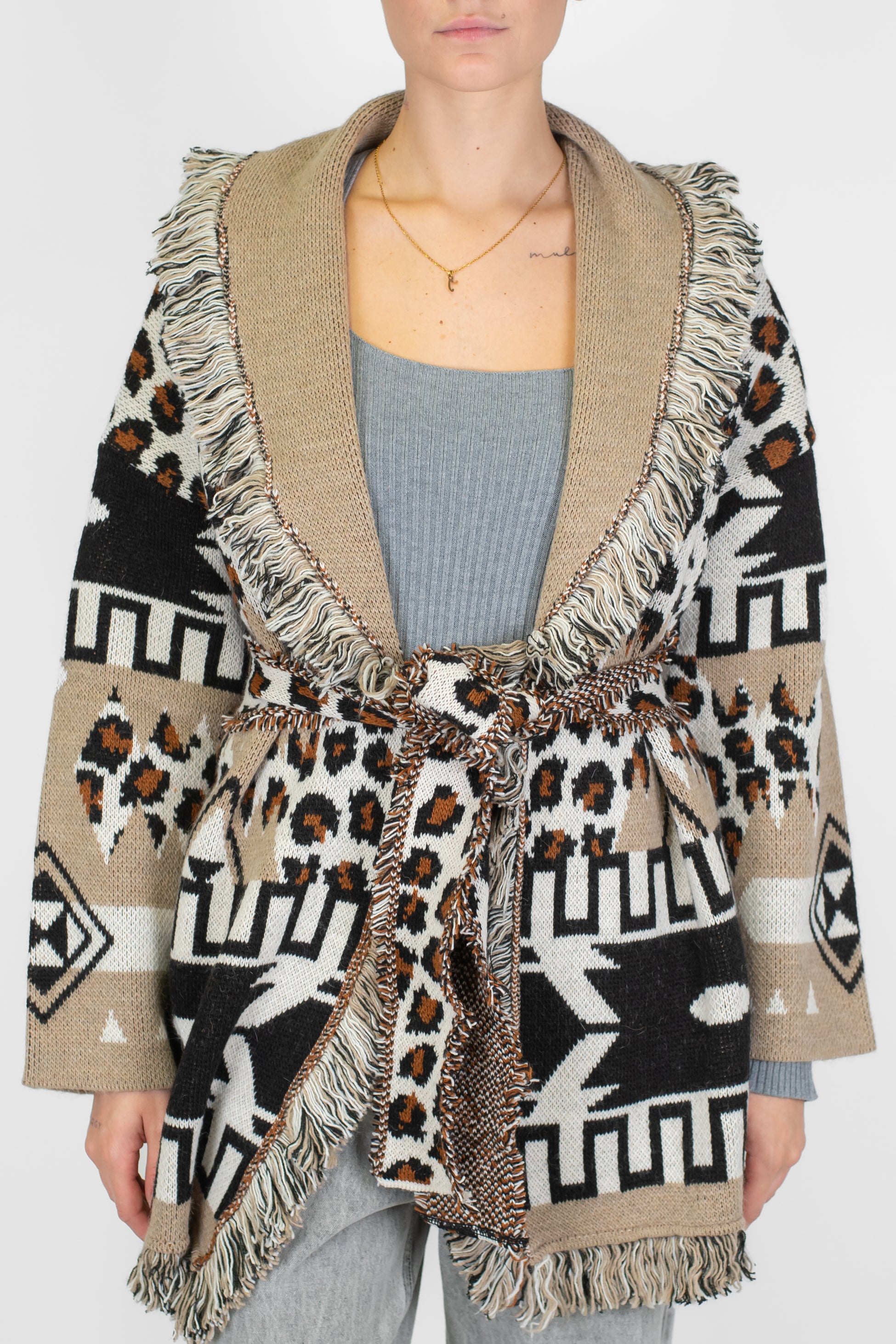 Motel - Cardigan in misto lana fantasia astratta con frange