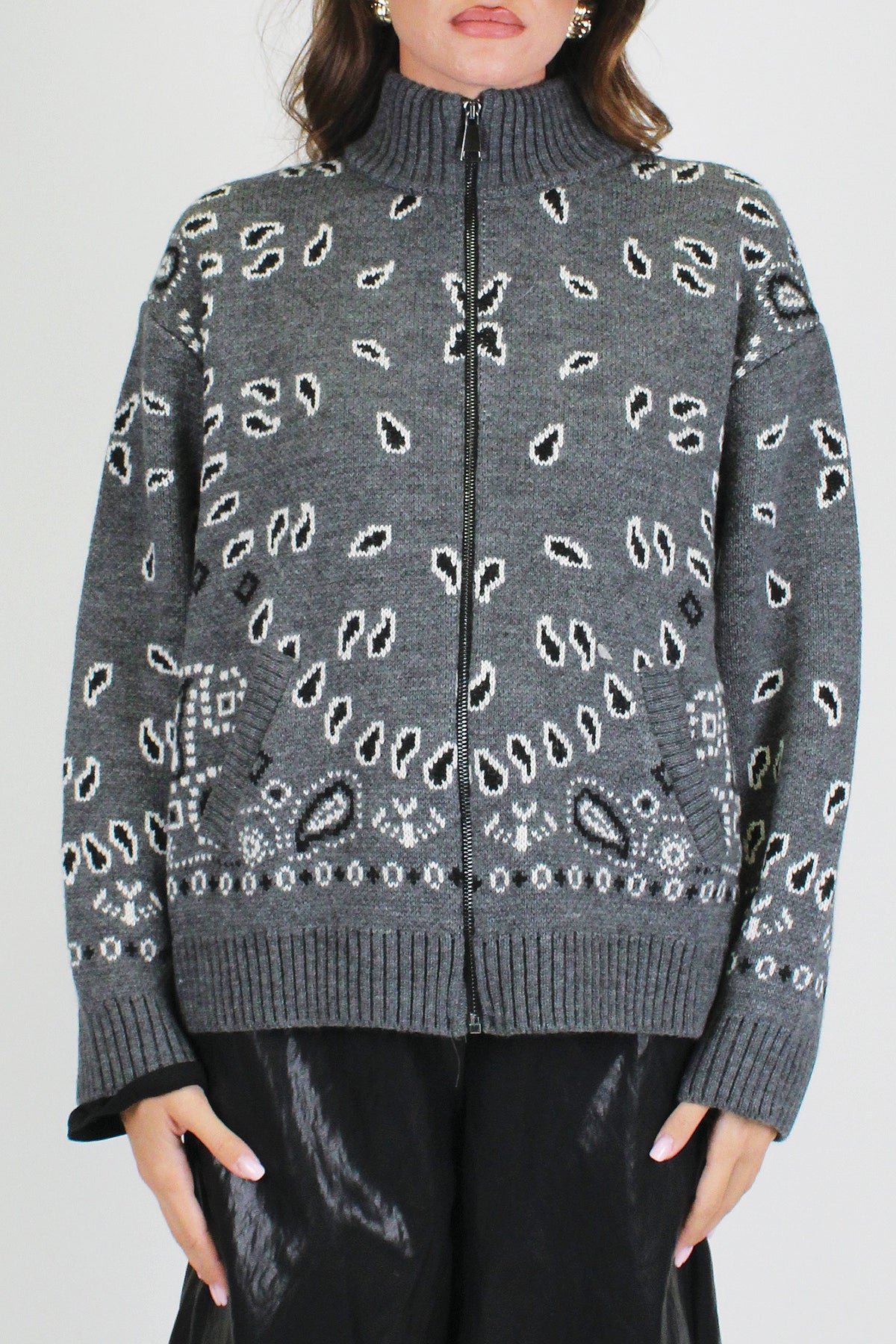Tensione in - Cardigan misto lana fantasia bandana con collo alto e chiusura zip