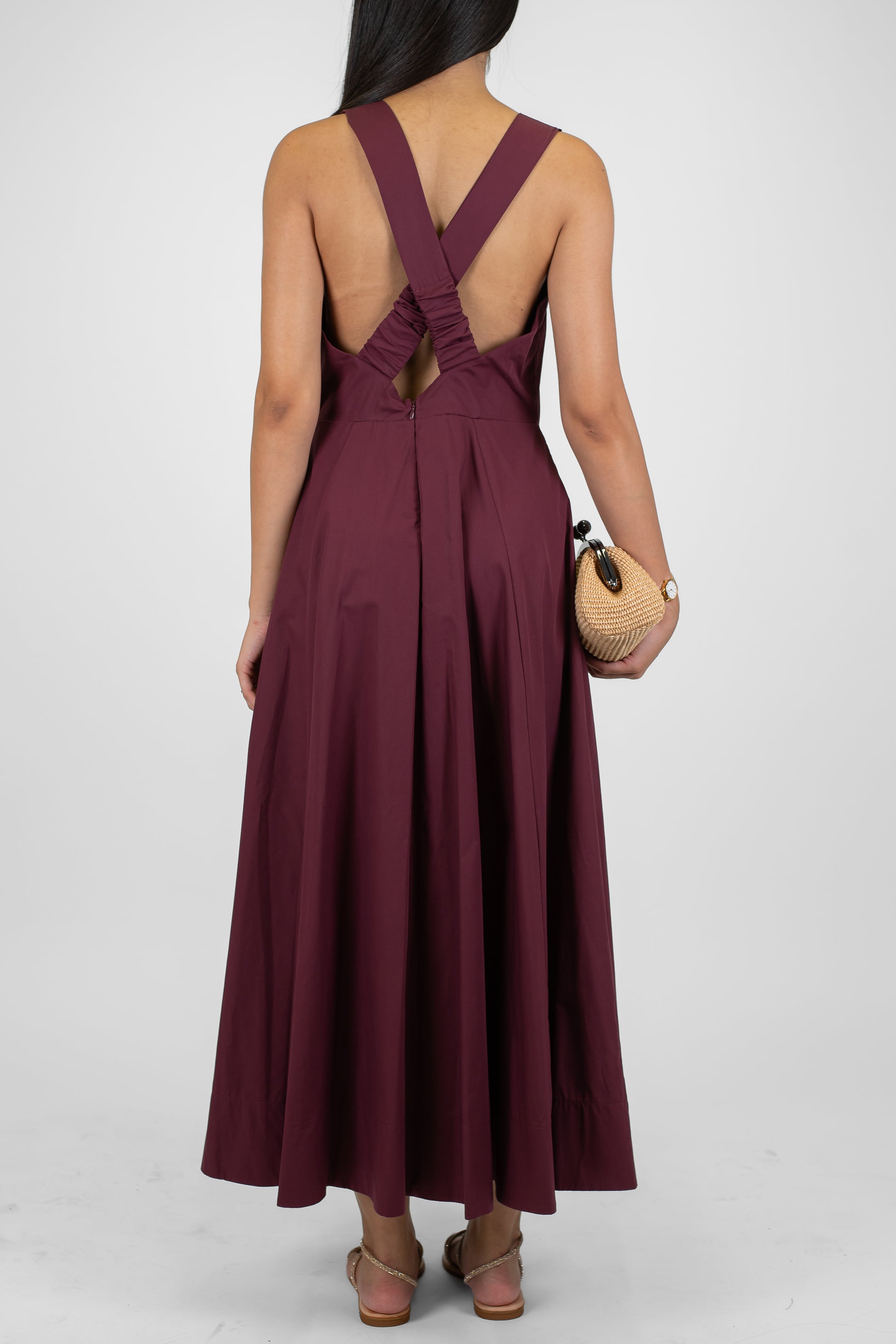 Dixie - Abito lungo in tela paracadute con scollo quadro e bretelle a fascia ad inrocio sul retro