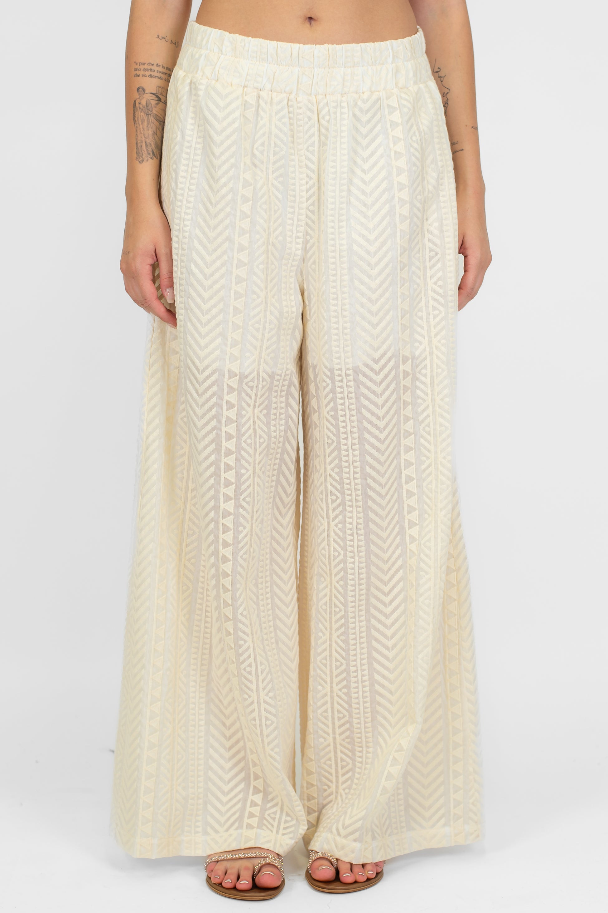 Tensione in - Pantalone palazzo fantasia zig zag in mussola di cotone e seta con elastico in vita