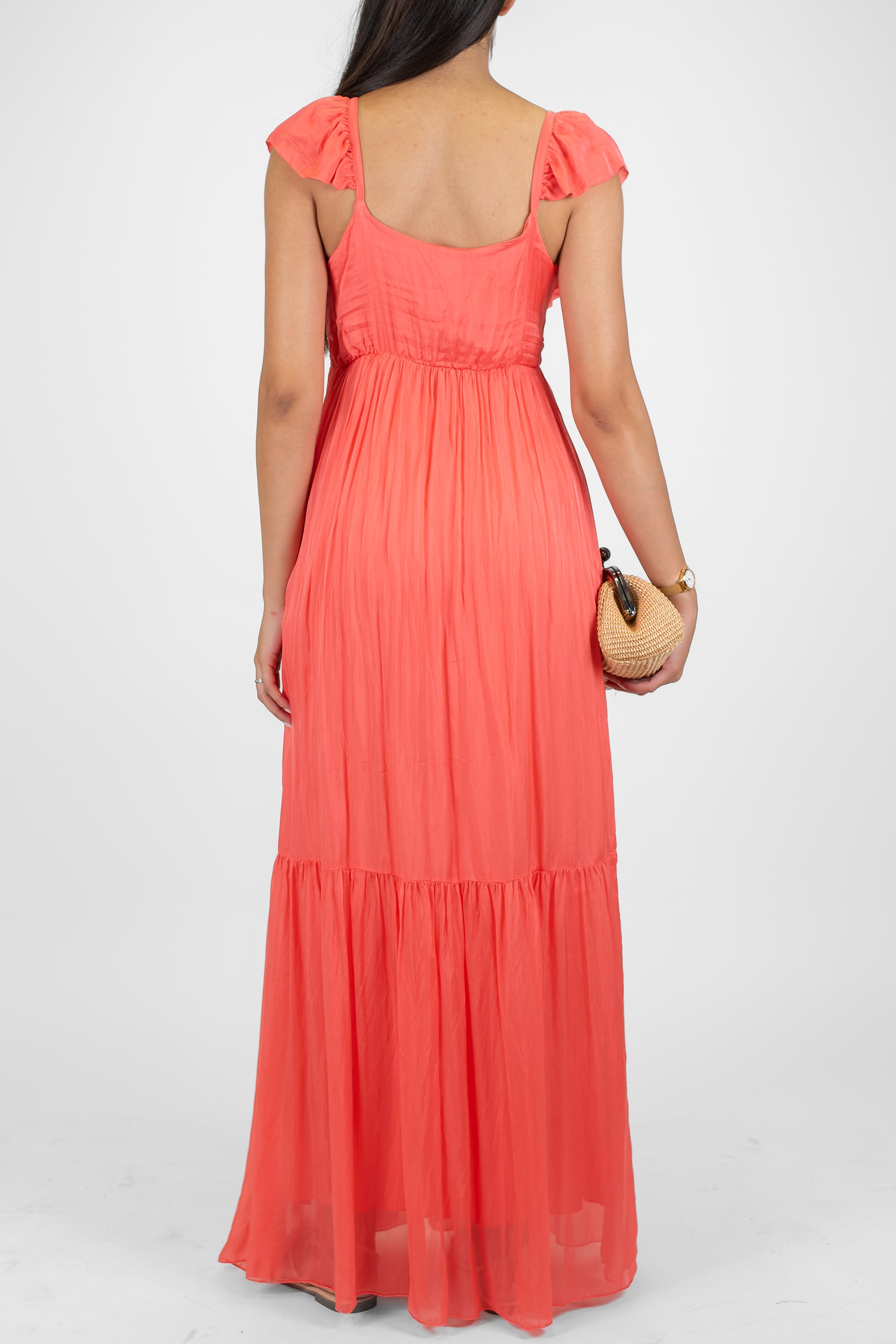 Dixie - Abito lungo in misto seta con scollo a V e rouches